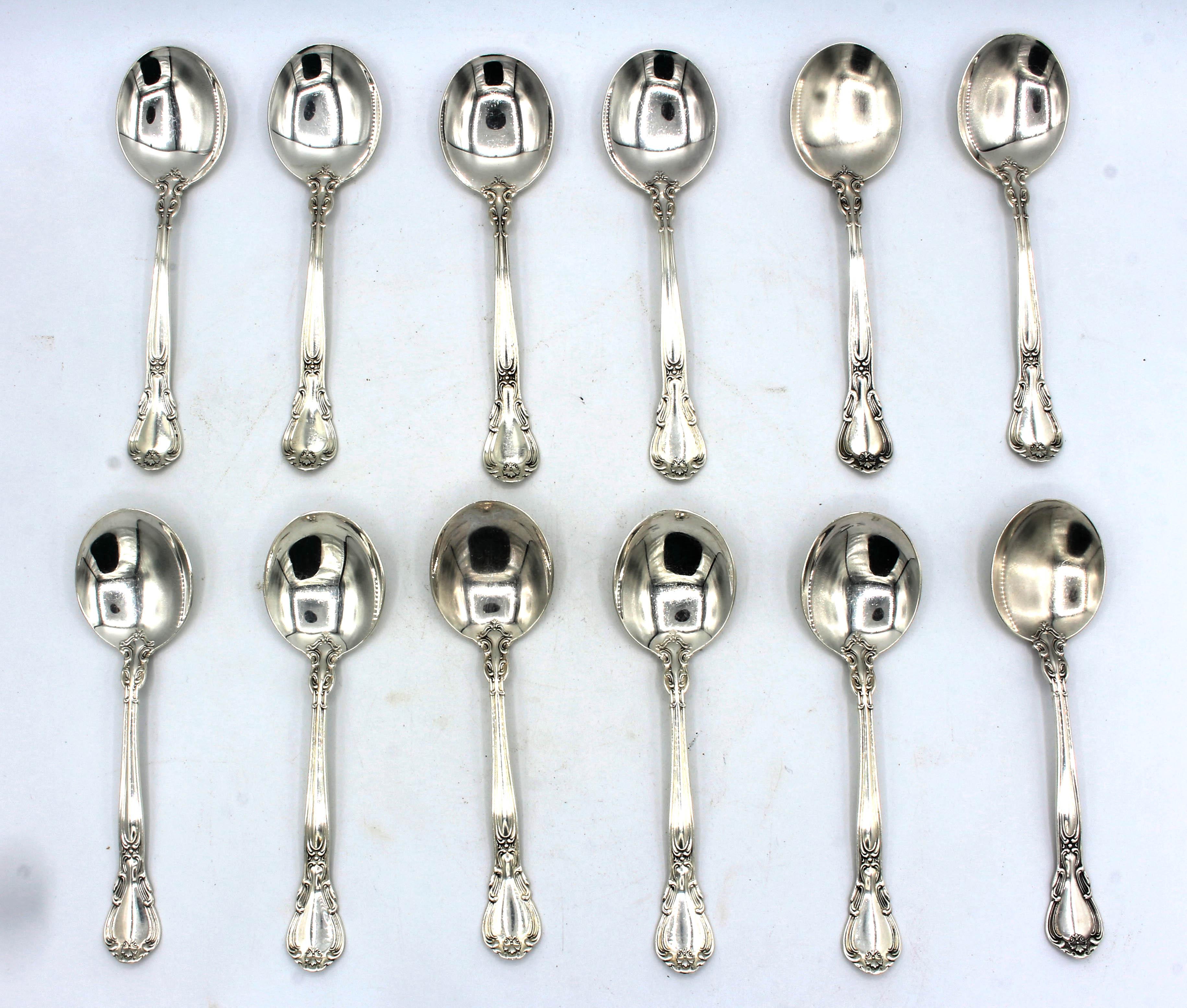 Set of 12 Chantilly pattern by Gorham cream soup spoons. Never monogramed. 1895 patent design. c.1950s-70s. 14.45 troy oz.
6.25