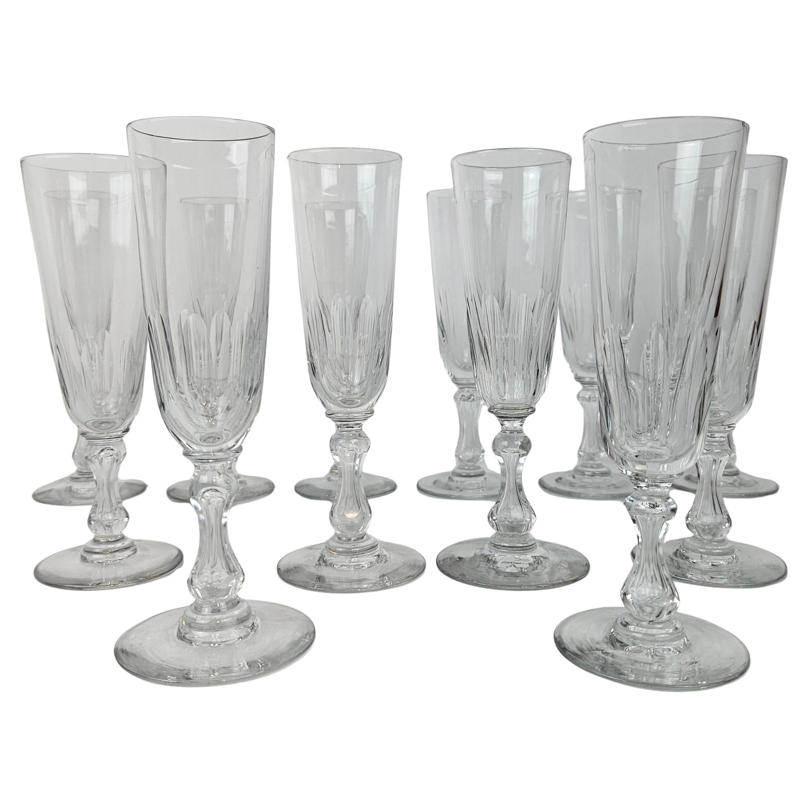 Set of 12 Charming French Hand-Blown Champagne Flutes, circa 1890