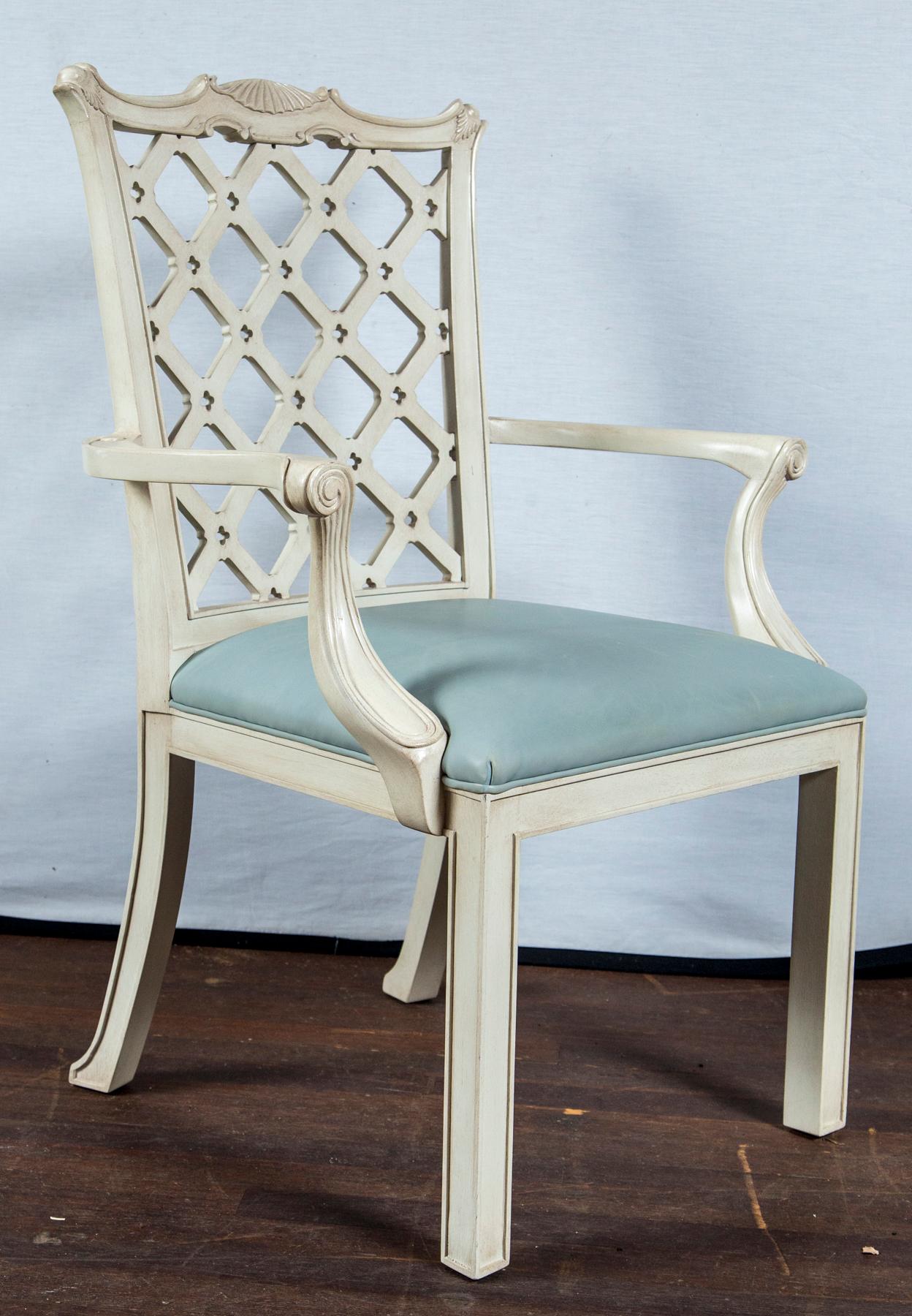 20th CENTURY Hickory Chair Co. Chinese Chippendale style dining chairs with lattice back, original white paint finish wood, robin's egg blue leather seats. 2 arm chairs, 10 side chairs. Lattice backrest topped with pagoda - form crest rail.