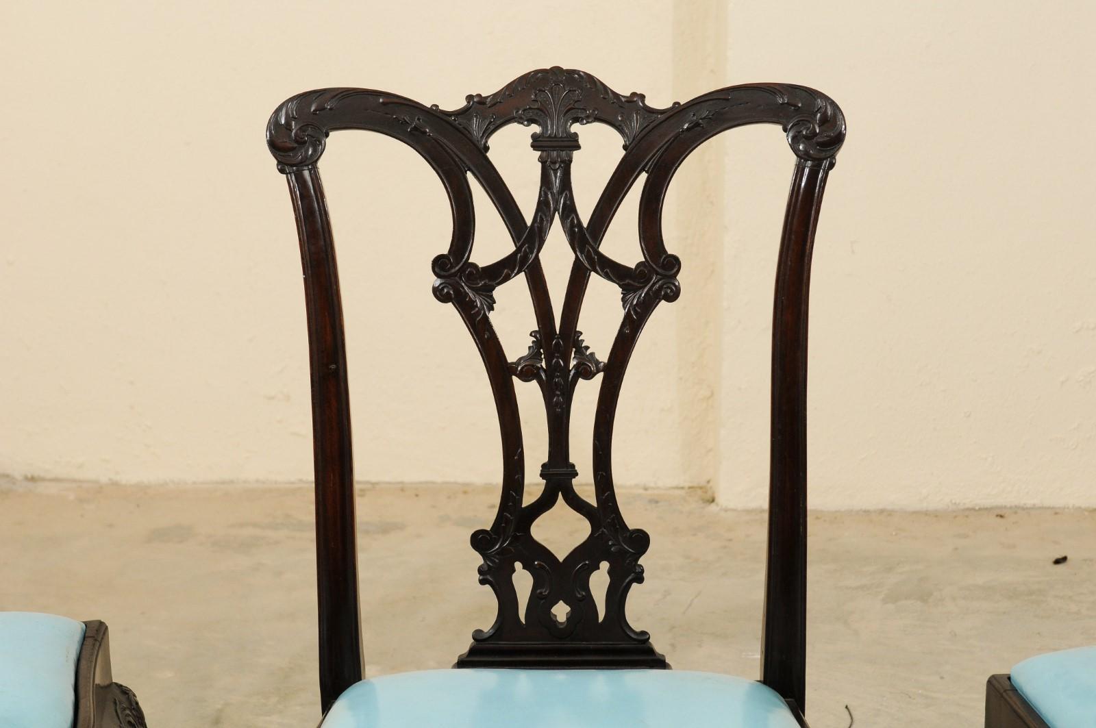 Hand-Carved Set of 12 Chippendale Style Mahogany Dining Chairs, England, circa 1890 For Sale