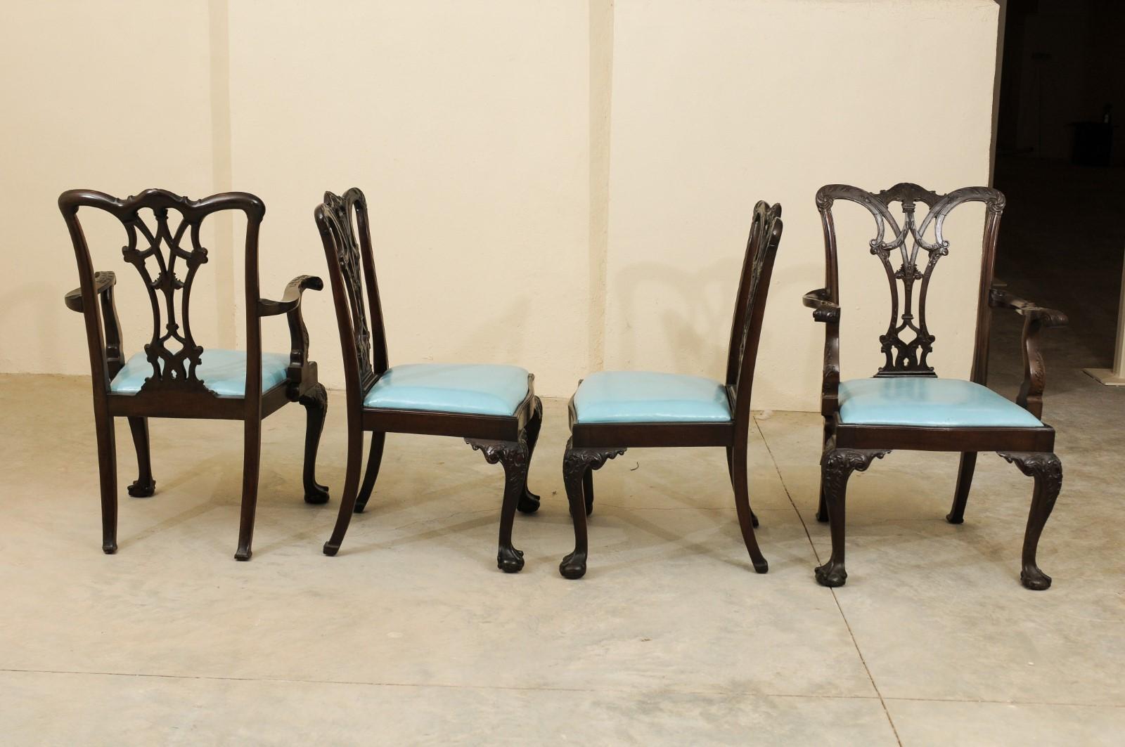 Leather Set of 12 Chippendale Style Mahogany Dining Chairs, England, circa 1890 For Sale