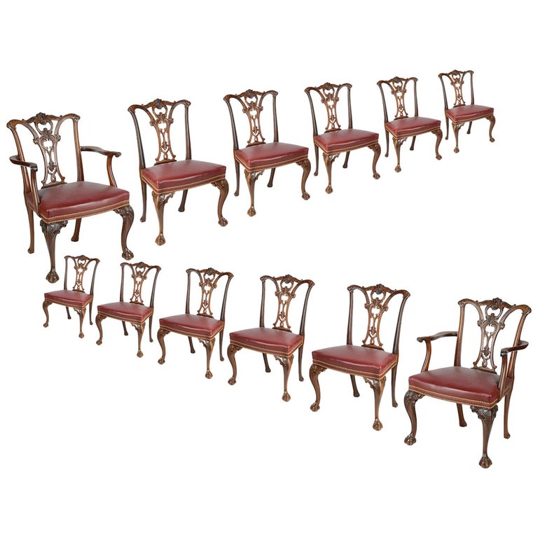 Set of 12 Chippendale Style Mahogany Dining Chairs For Sale at