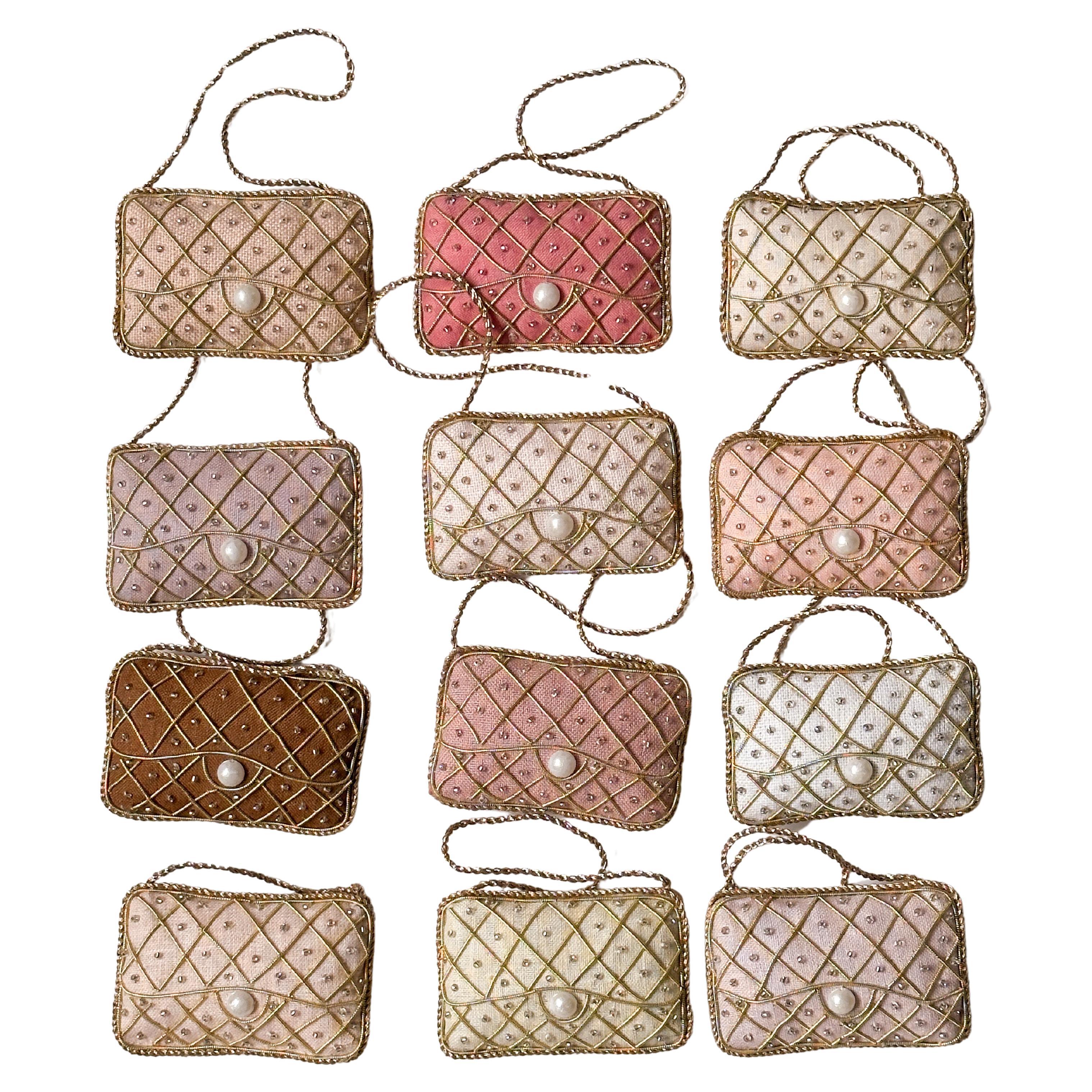 Set of 12 Christmas Tree Ornaments Vintage Irish Linen Quilted Handbag Handmade