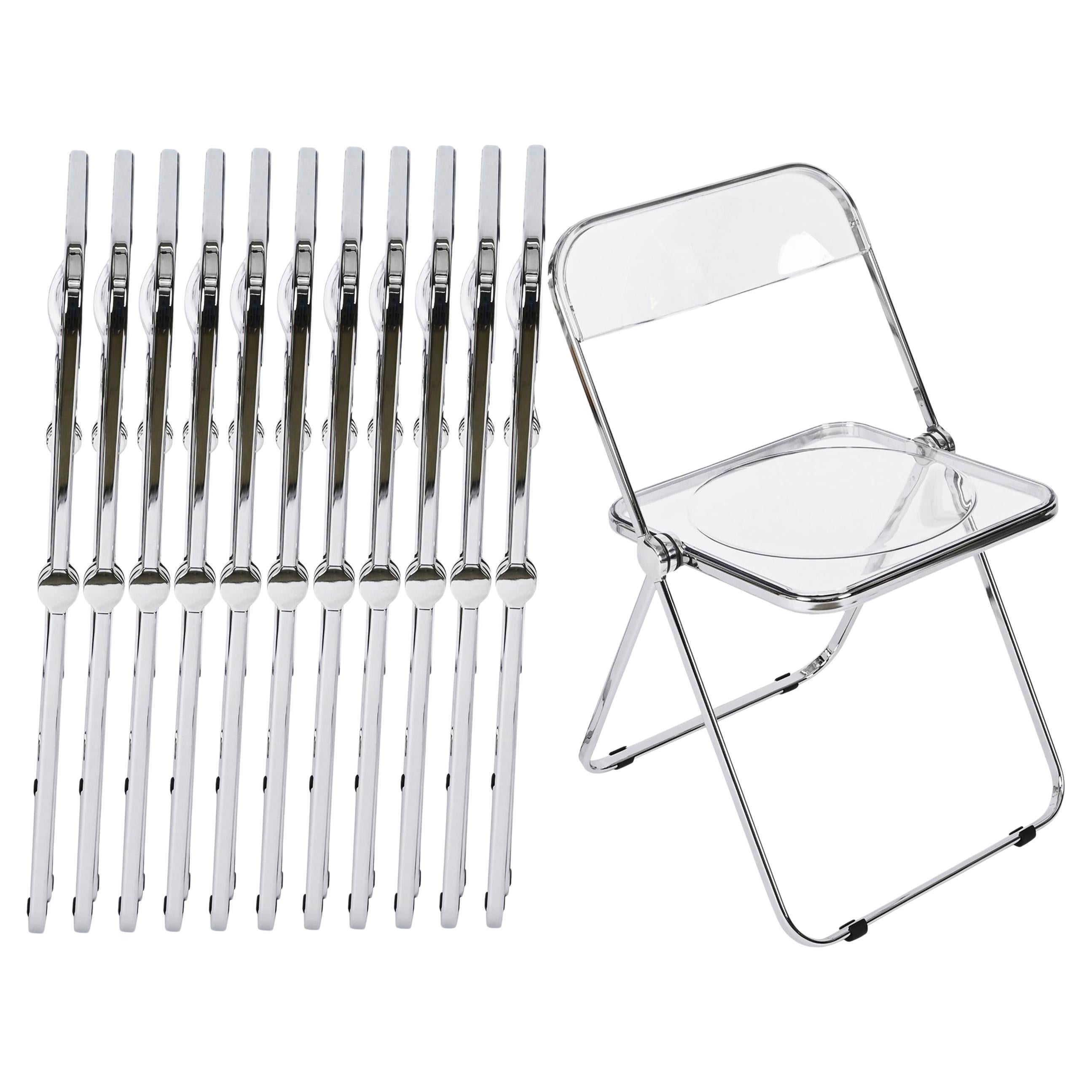 Set of 12 Chrome and Clear Lucite Plia Folding Chairs by Anonima Castelli, Italy