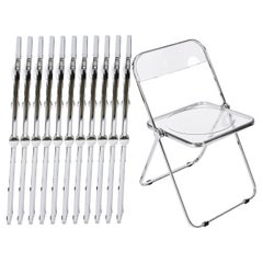 Set of 12 Chrome and Clear Lucite Plia Folding Chairs by Anonima Castelli, Italy