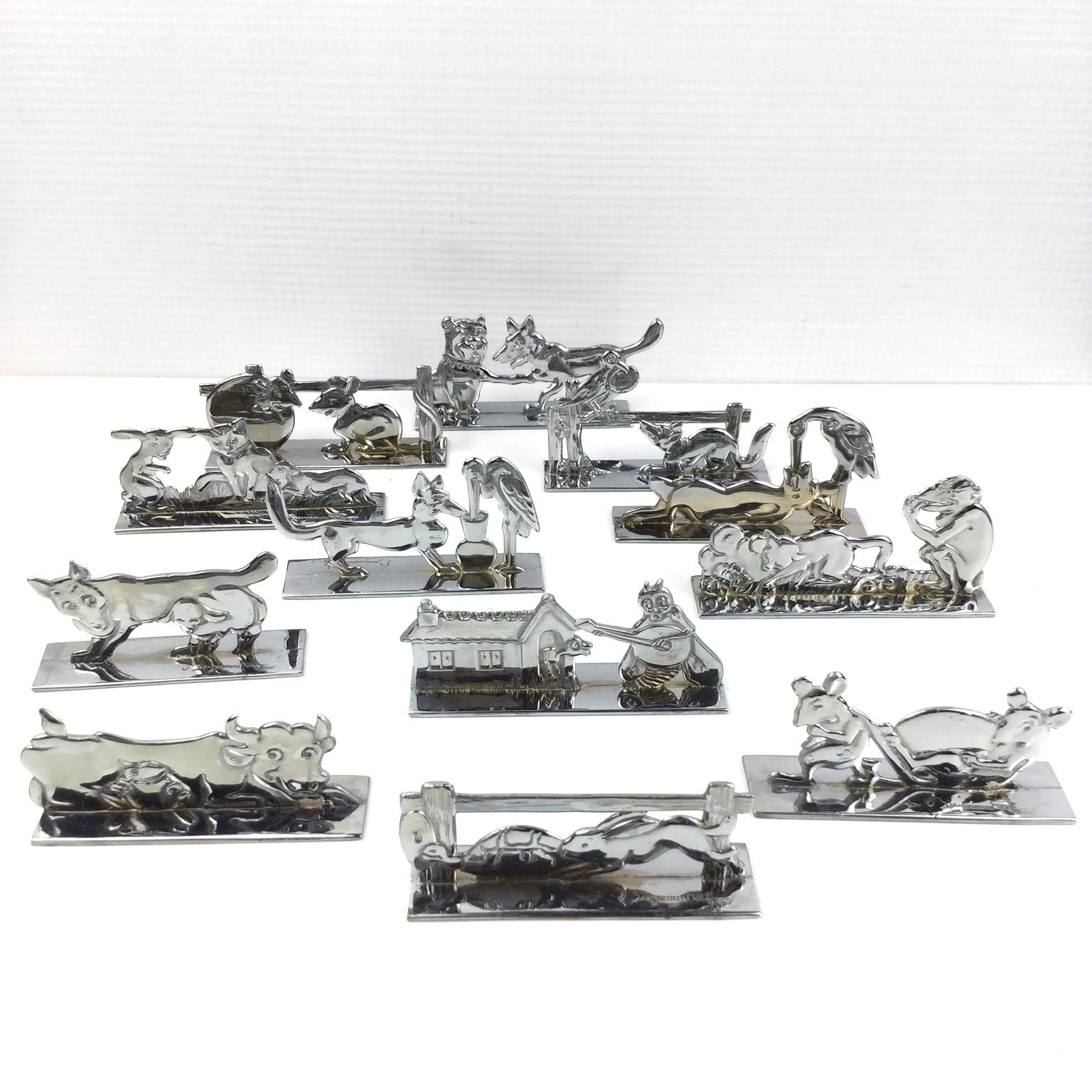 Art Deco Set of 12 Chrome-Plated Knife Rests by the French Illustrator Benjamin Rabier 
