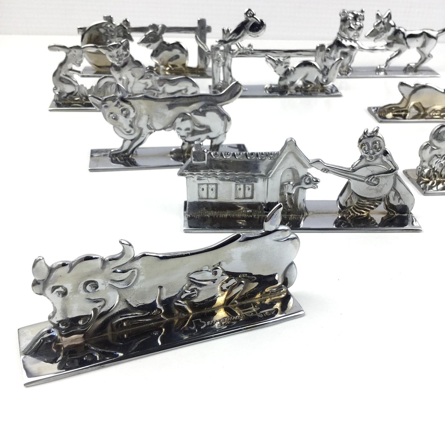 Set of 12 Chrome-Plated Knife Rests by the French Illustrator Benjamin Rabier  In Good Condition In London, GB