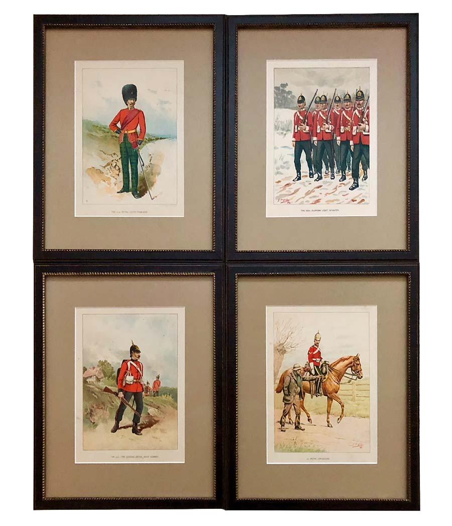 A colorful set of 12 chromolithographs published in 1890 for “Her Majesty’s Army ; A descriptive account of various regiments now comprising the queens forces” by Walter Richards illustrated by G.D.Giles and others. Presented in handmade Italian