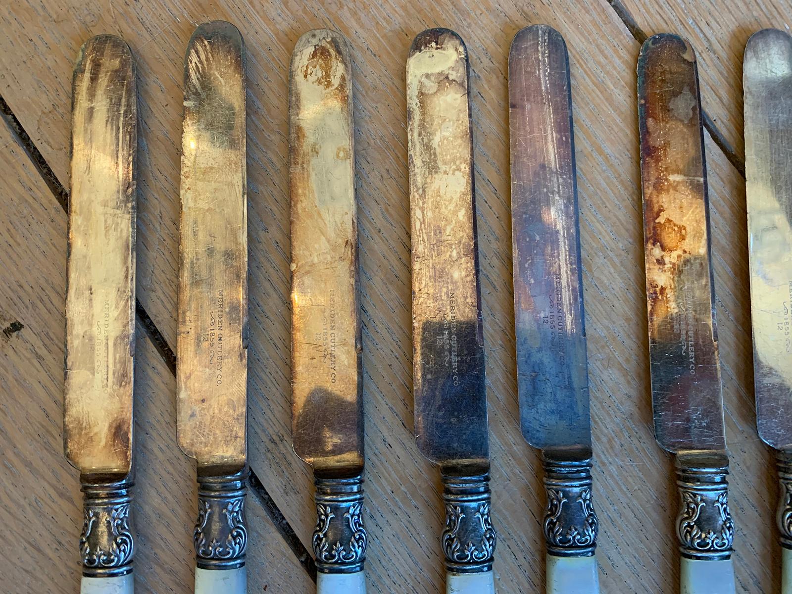 19th Century Set of 12 circa 1855 American Sterling Silver and Mother of Pearl Meriden Knives