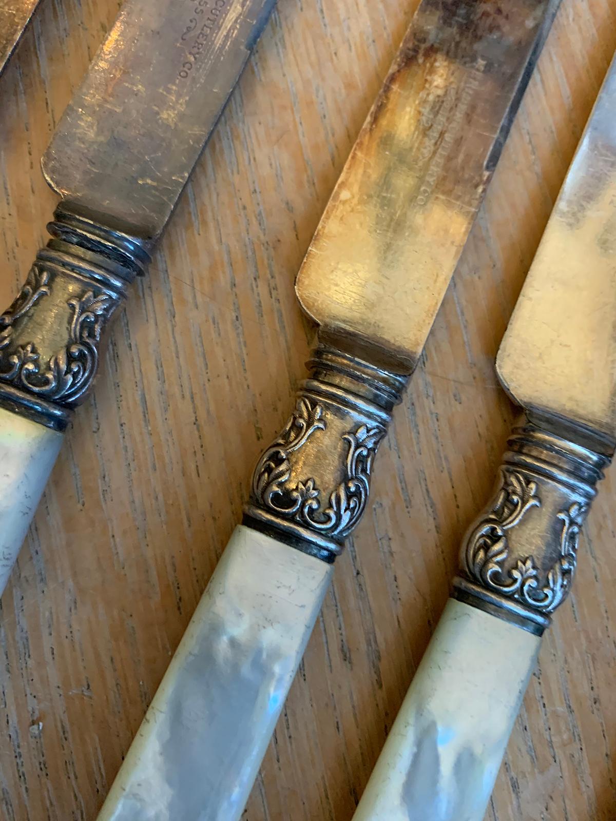 Set of 12 circa 1855 American Sterling Silver and Mother of Pearl Meriden Knives 1