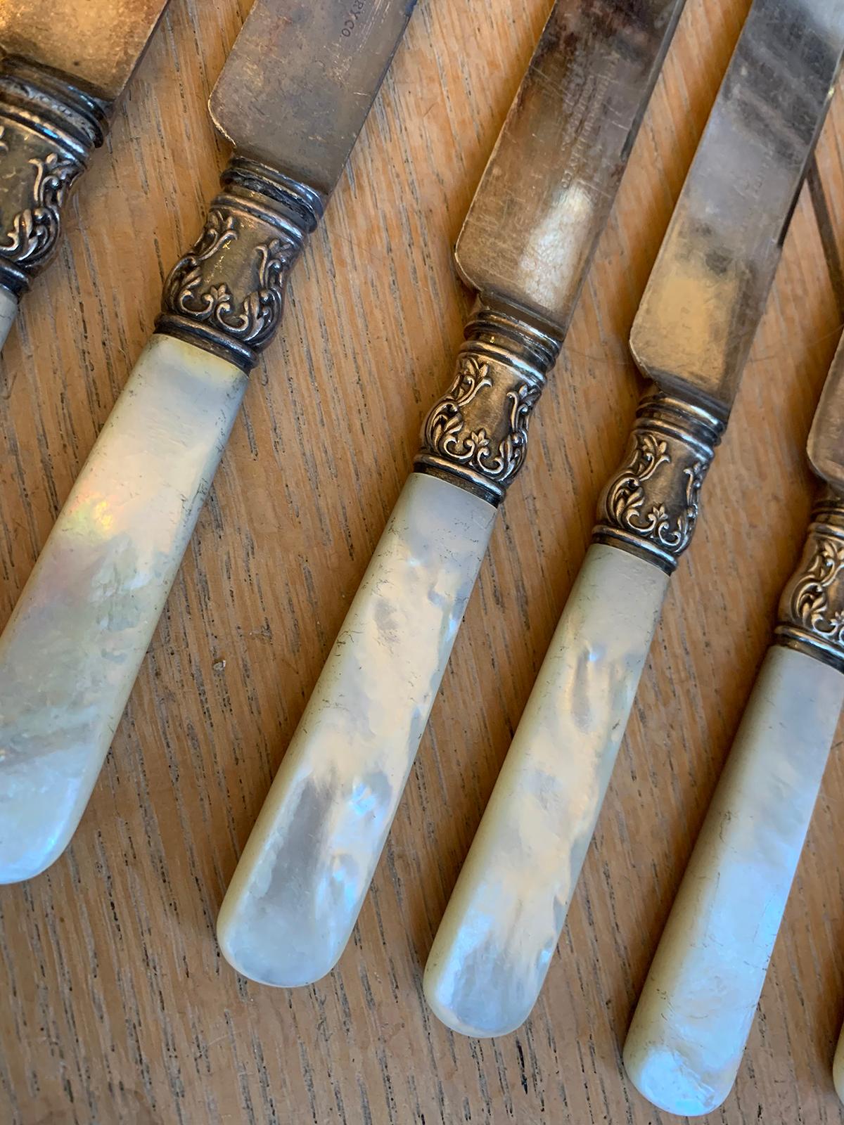 Set of 12 circa 1855 American Sterling Silver and Mother of Pearl Meriden Knives 2