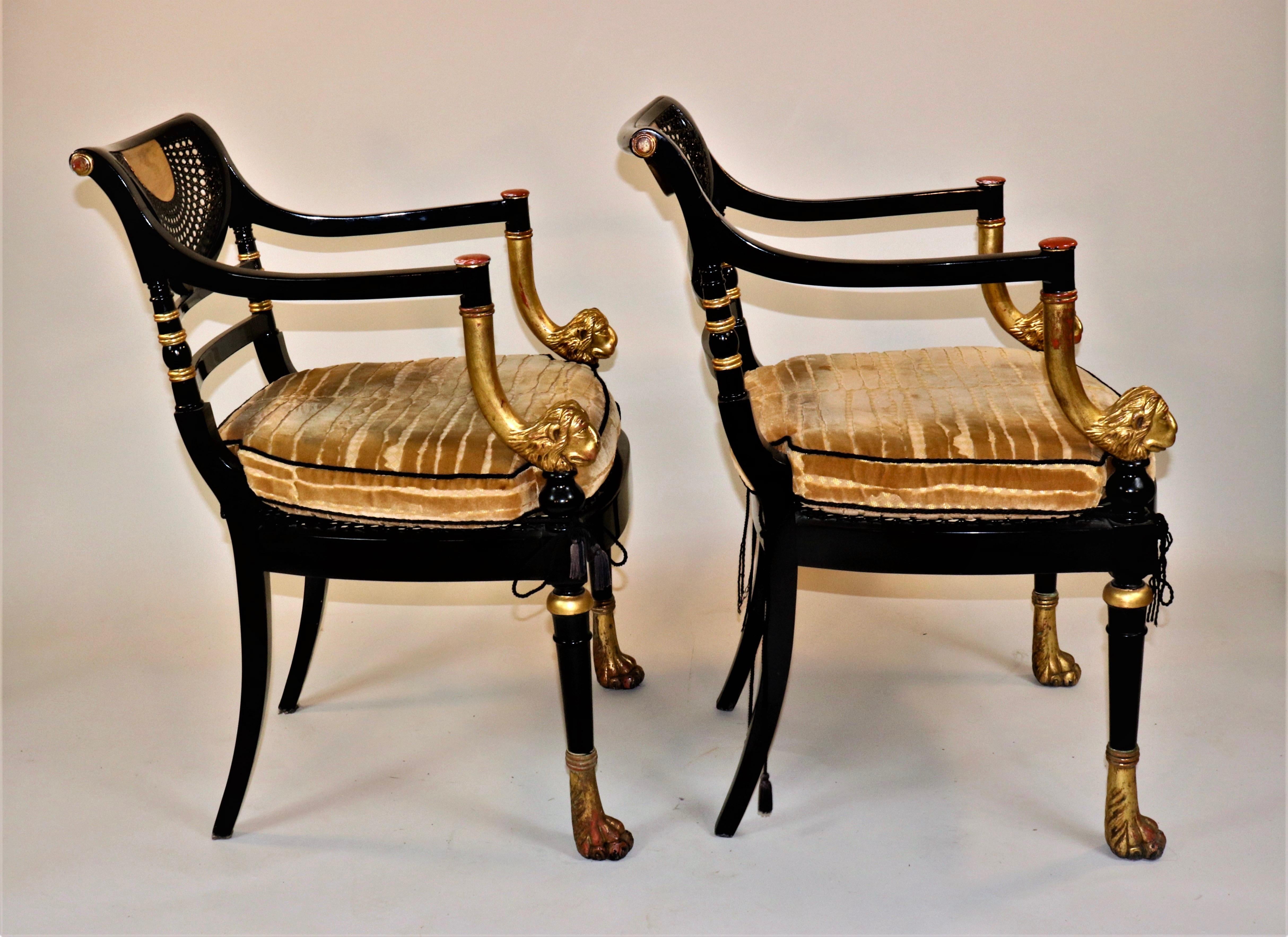 French Set of 12 Circa 1910 Empire Style Black Lacquered Gilded Chairs
