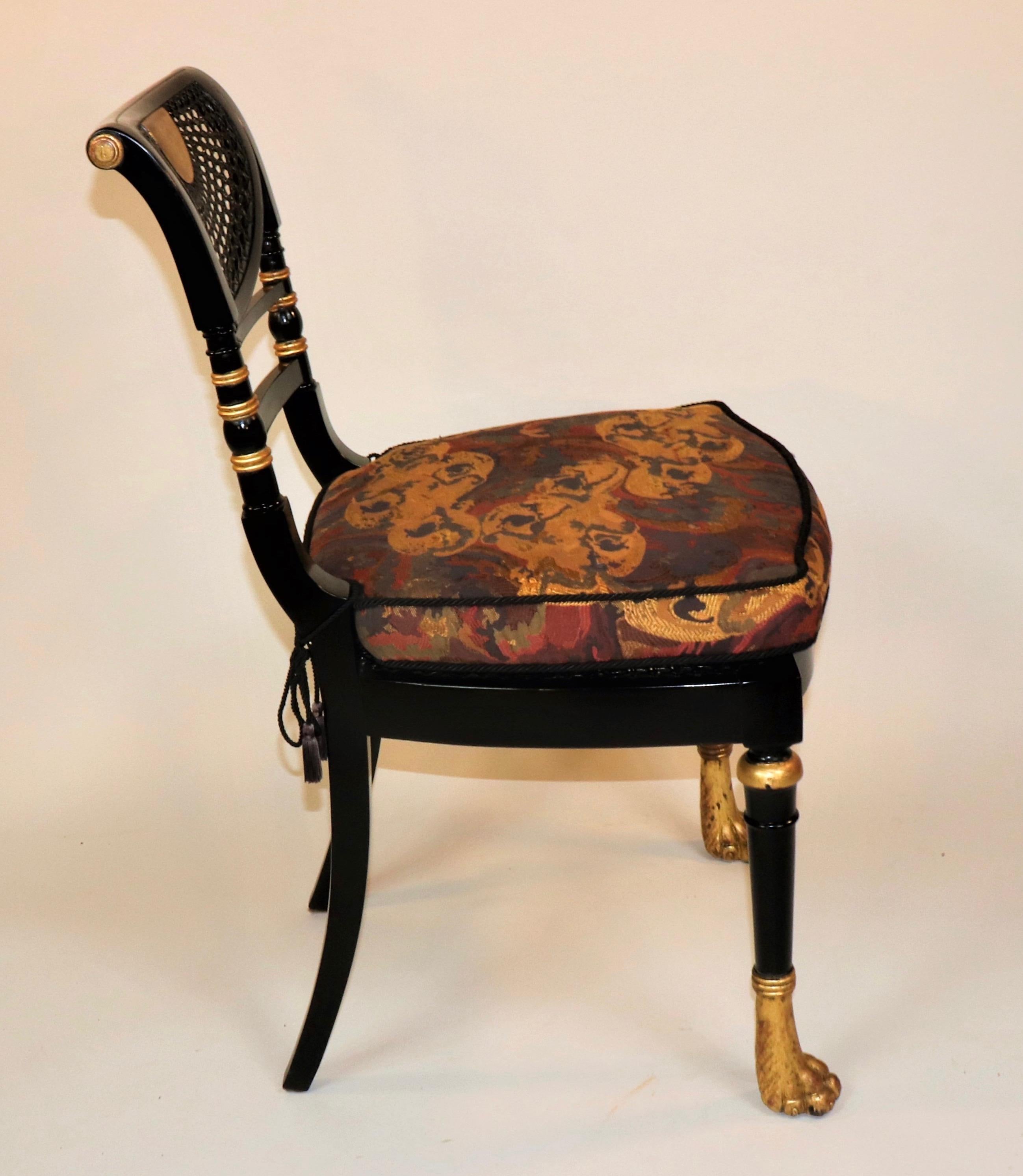 Caning Set of 12 Circa 1910 Empire Style Black Lacquered Gilded Chairs