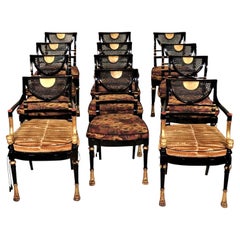 Set of 12 Circa 1910 Empire Style Black Lacquered Gilded Chairs