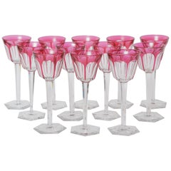 Set of 12 Classic Baccarat Signature Red Tall Wine Glasses Cut Glass Base