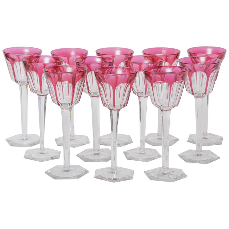Set of 12 Classic Baccarat Signature Red Tall Wine Glasses Cut Glass