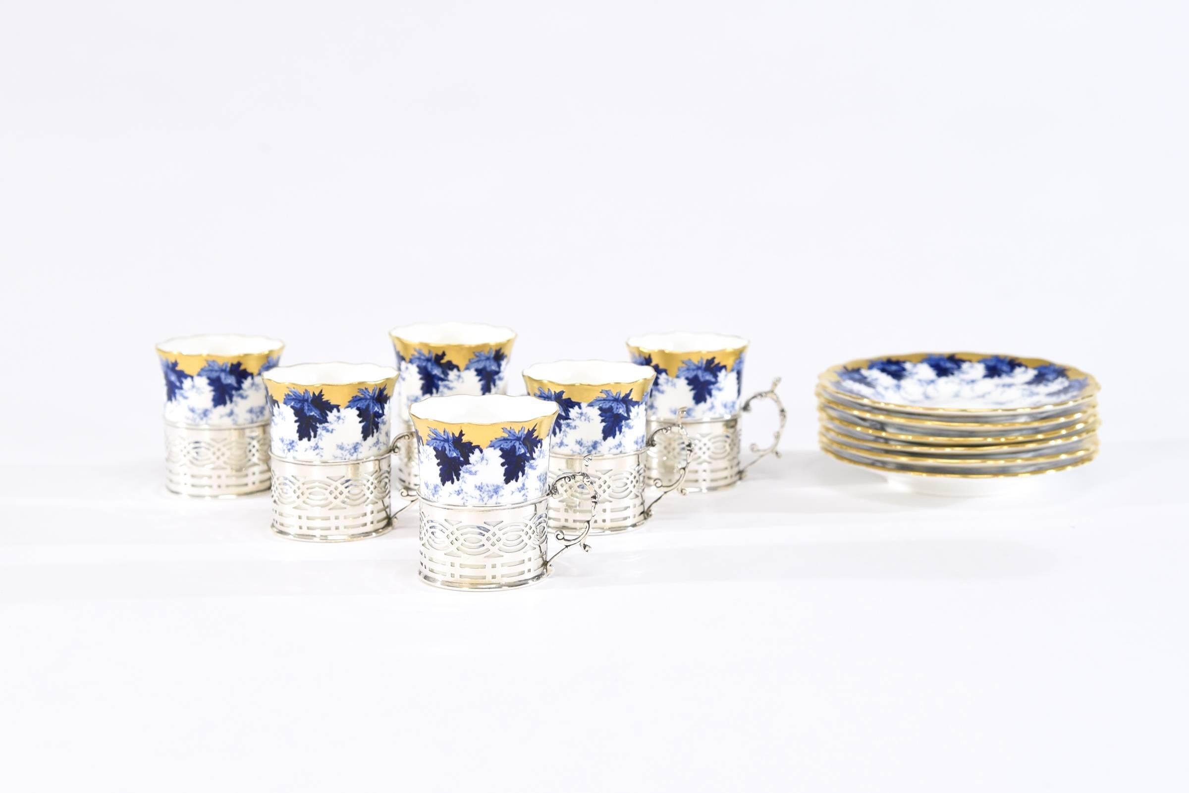 Set of 12 Coalport Cups & Saucers W/ Cobalt, Gold, Sterling Silver Fittings 2