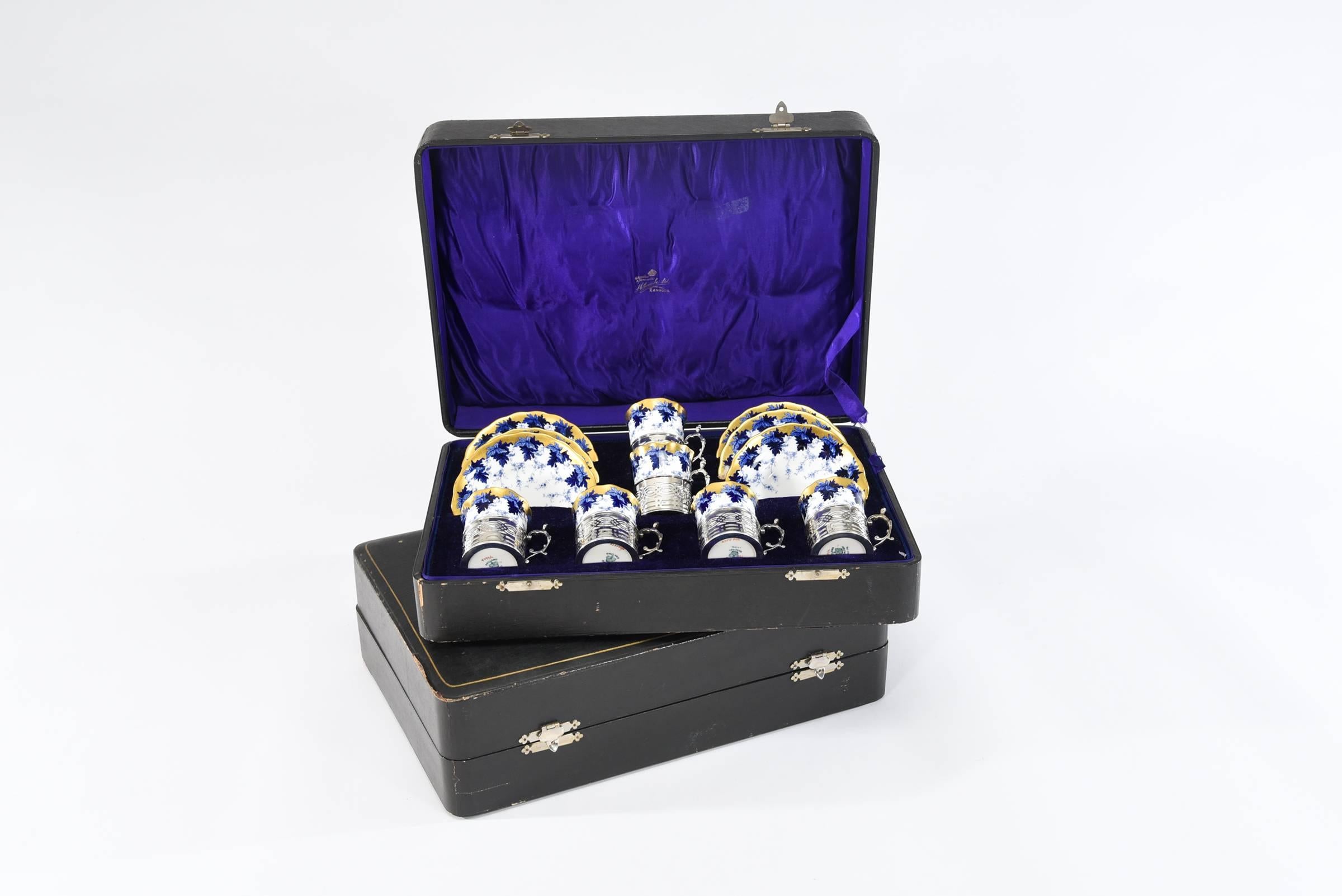 Set of 12 Coalport Cups & Saucers W/ Cobalt, Gold, Sterling Silver Fittings 3