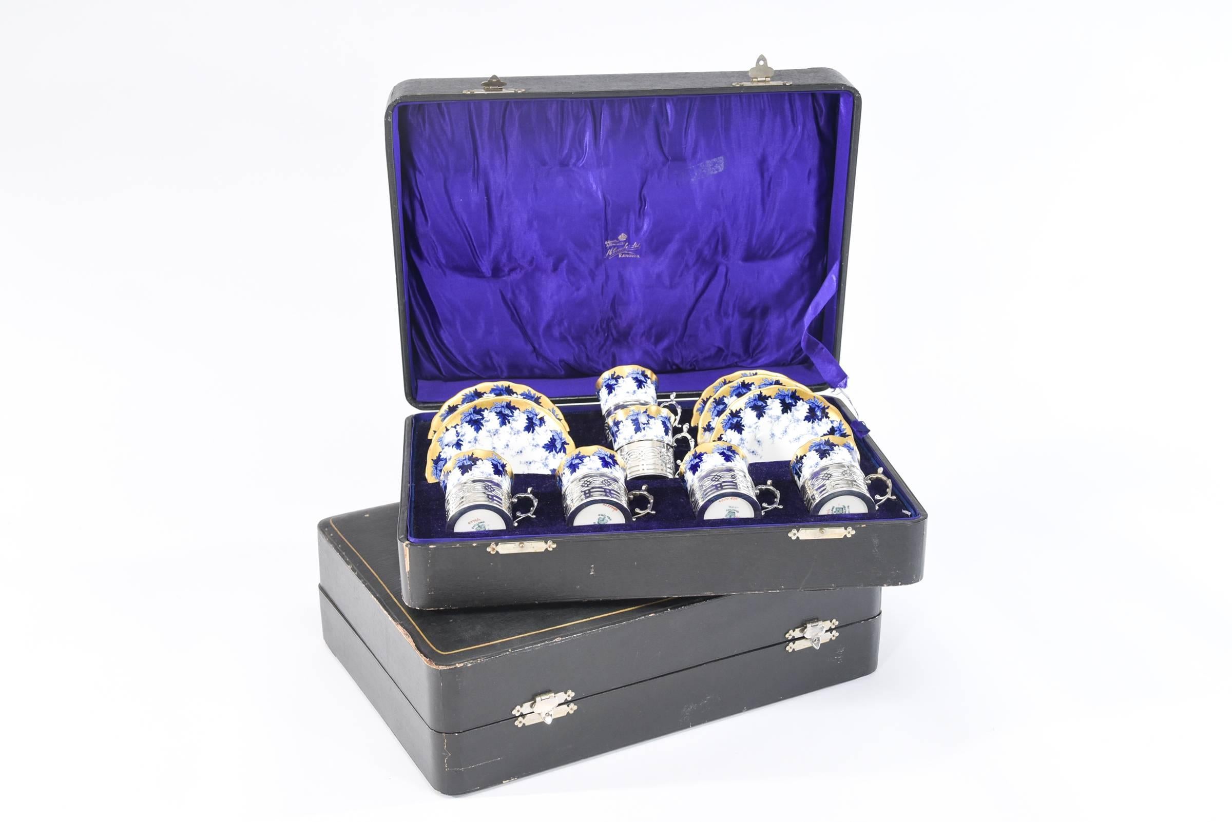 This set of 12 Coalport Espresso cups and saucers are presented in 2 original fitted boxes each holding 6. They were retailed by the Tiffany's of Rangoon, Burma! (now Myanmar), S. C. Coombe Ltd. The condition is excellent and the cups sit securely