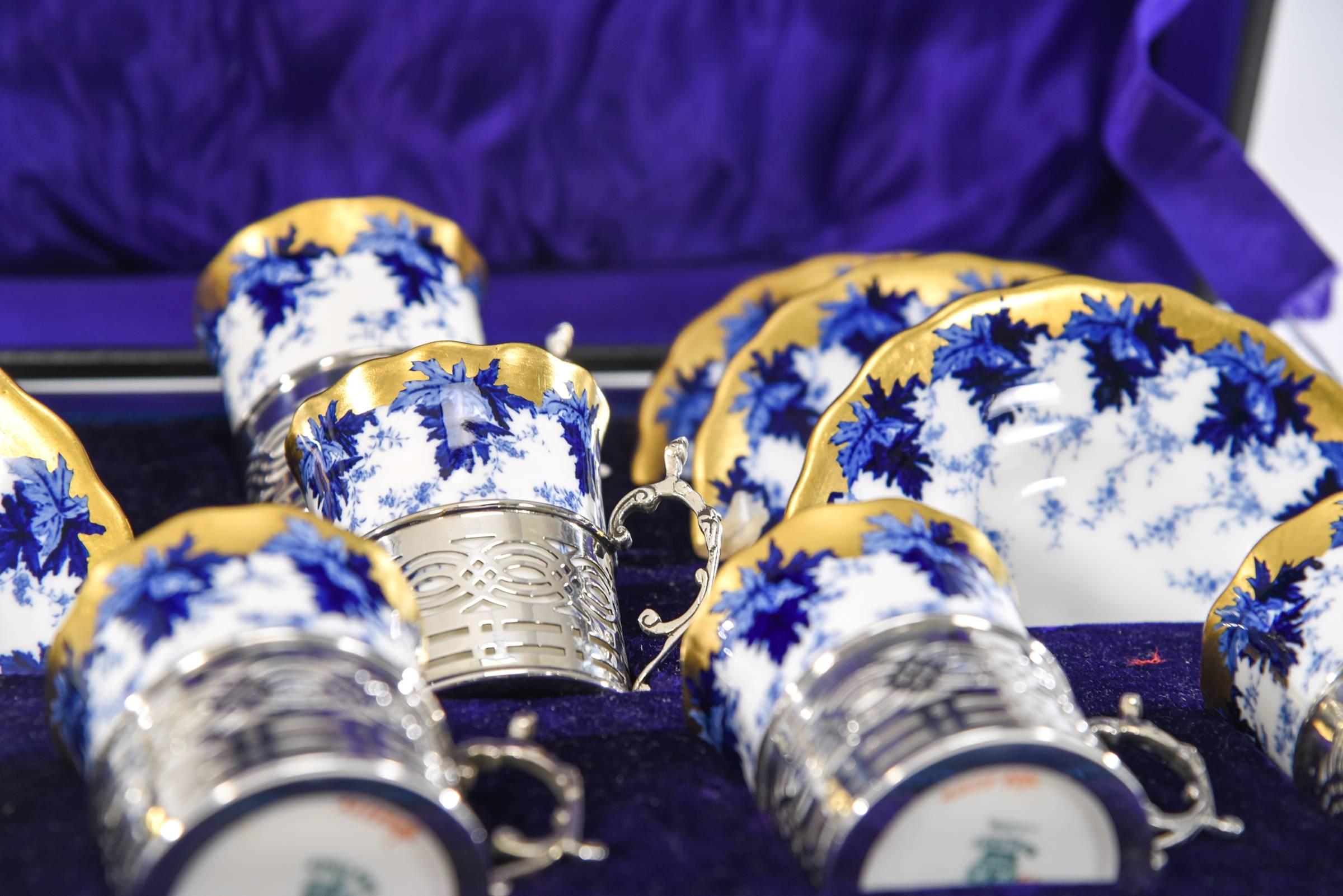 Aesthetic Movement Set of 12 Coalport Cups & Saucers W/ Cobalt, Gold, Sterling Silver Fittings