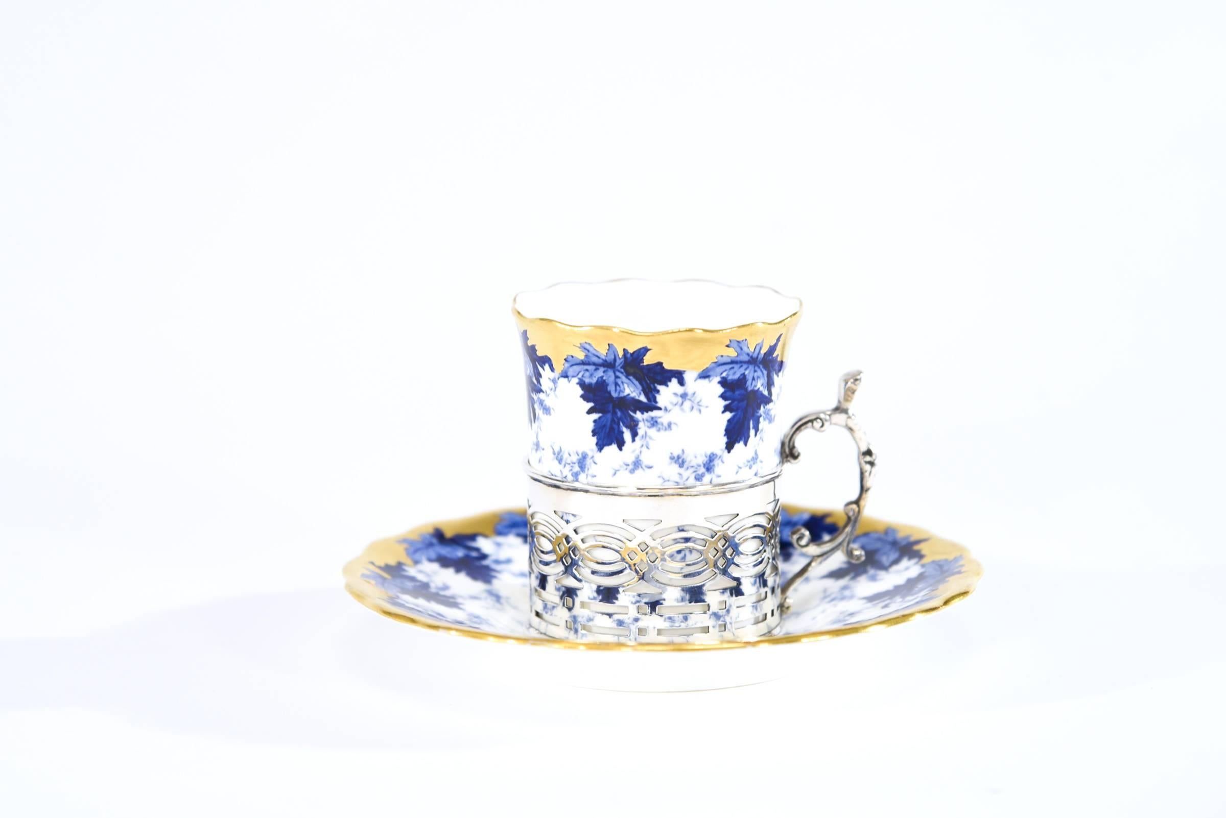 English Set of 12 Coalport Cups & Saucers W/ Cobalt, Gold, Sterling Silver Fittings