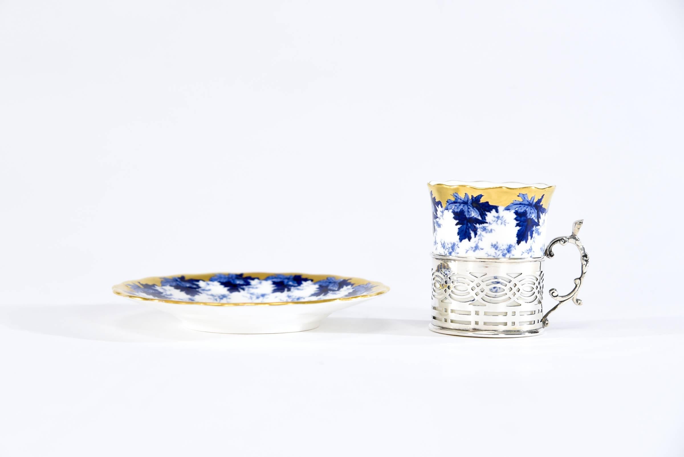 Set of 12 Coalport Cups & Saucers W/ Cobalt, Gold, Sterling Silver Fittings In Excellent Condition In Great Barrington, MA