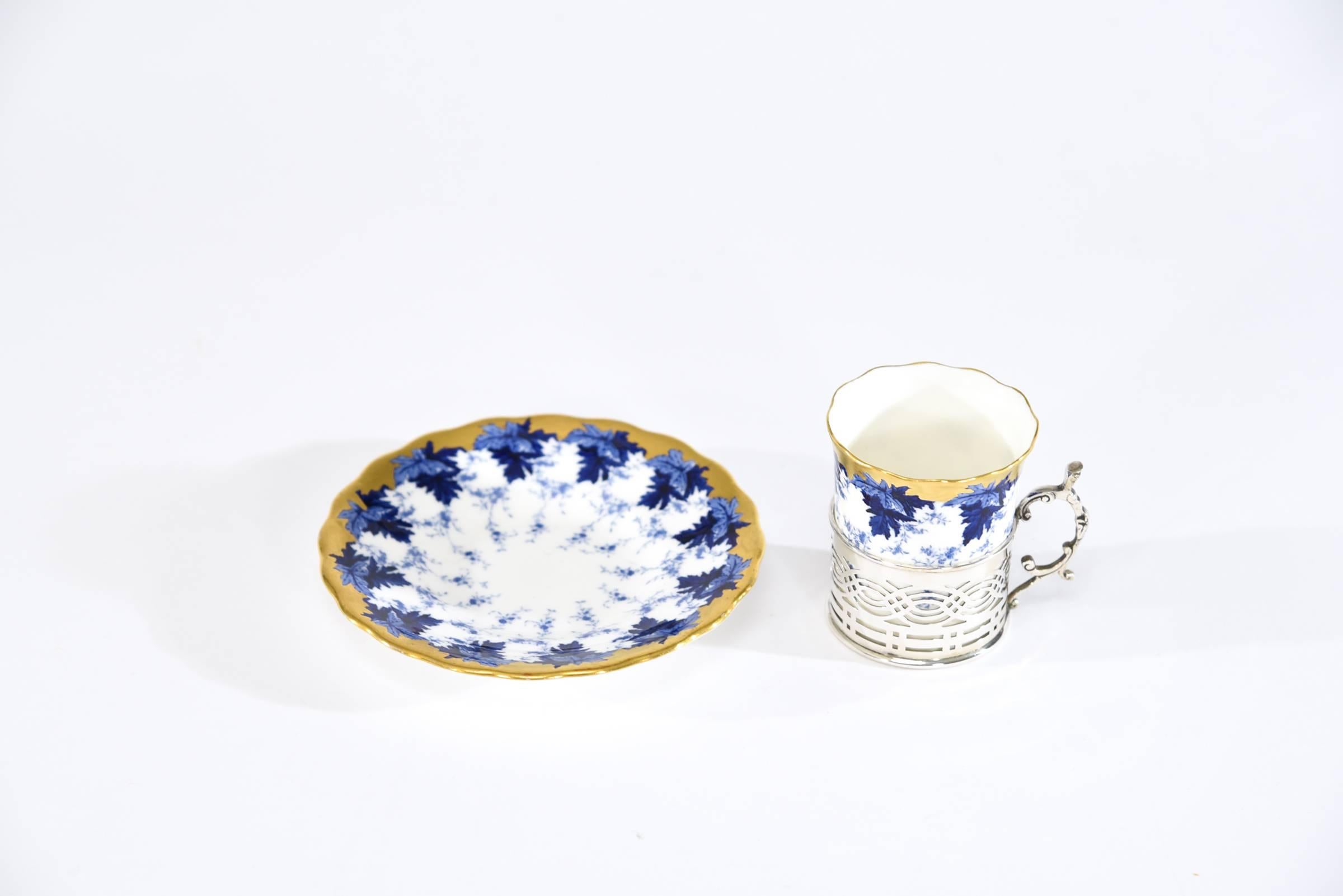 20th Century Set of 12 Coalport Cups & Saucers W/ Cobalt, Gold, Sterling Silver Fittings