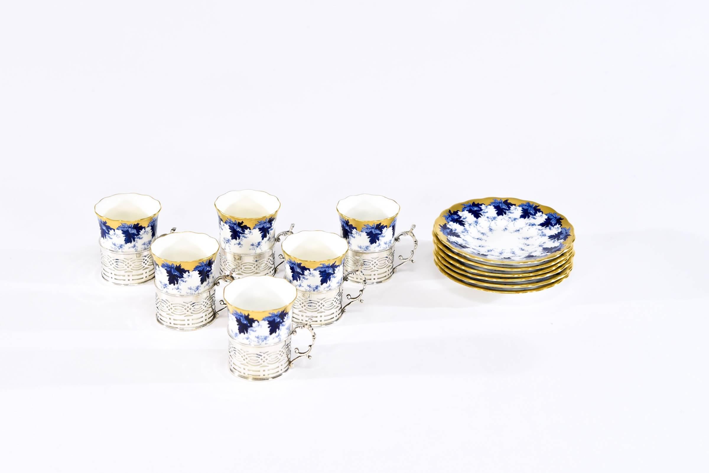 Porcelain Set of 12 Coalport Cups & Saucers W/ Cobalt, Gold, Sterling Silver Fittings