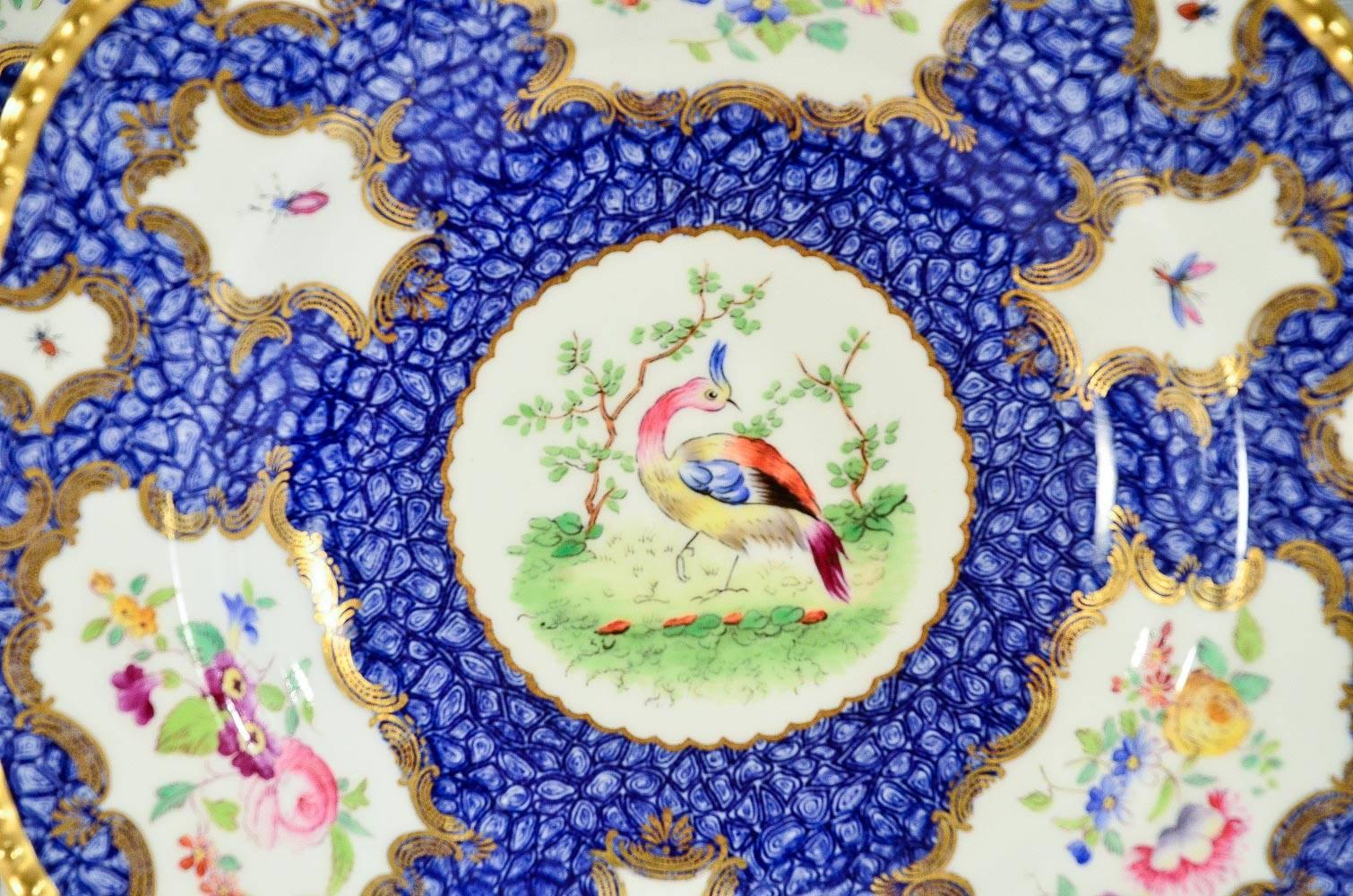 Set of 12 Coalport Hand Painted Exotic Bird Lapis Blue & Gilt Soup Bowls Plates In Excellent Condition For Sale In Great Barrington, MA