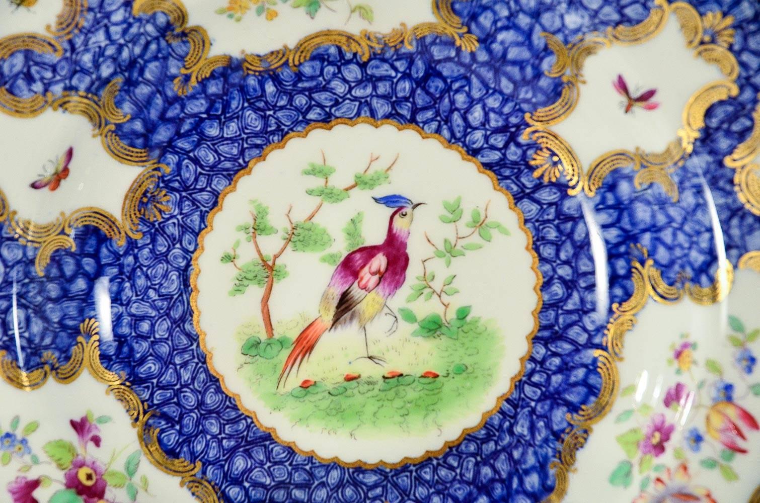 Set von 12 handbemalten Coalport-Suppenschalen und Tellern mit exotischem Vogel in Lapisblau und vergoldet (Frühes 20. Jahrhundert) im Angebot