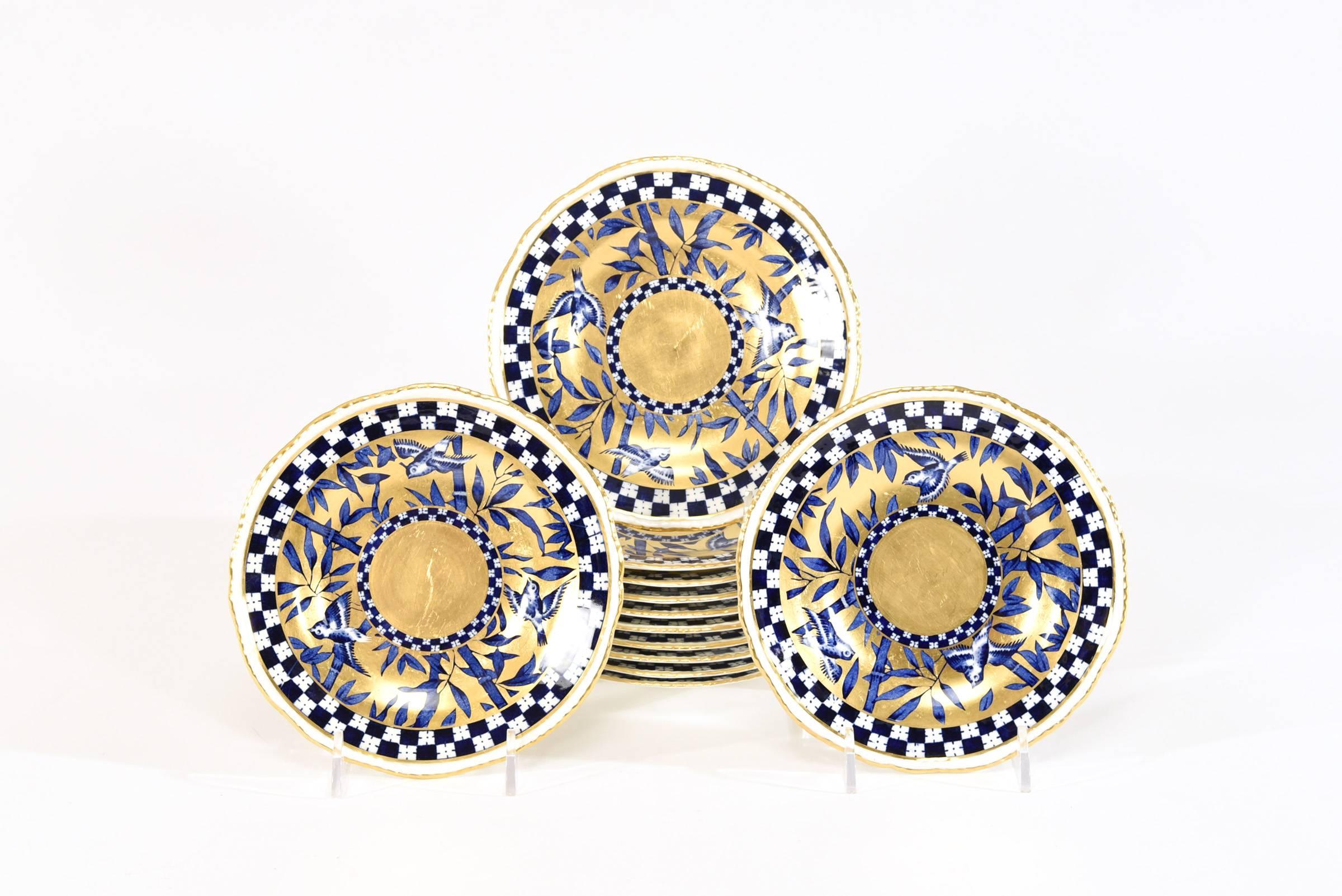 One of the Classic variations of Coalport's aesthetic movement patterns, this set of 12 side plates features gold overlay on a cobalt blue and white 