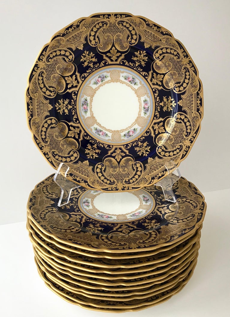 Set of 12 Cobalt and Gilt Limoges Dinner Plates in Arabesque Design