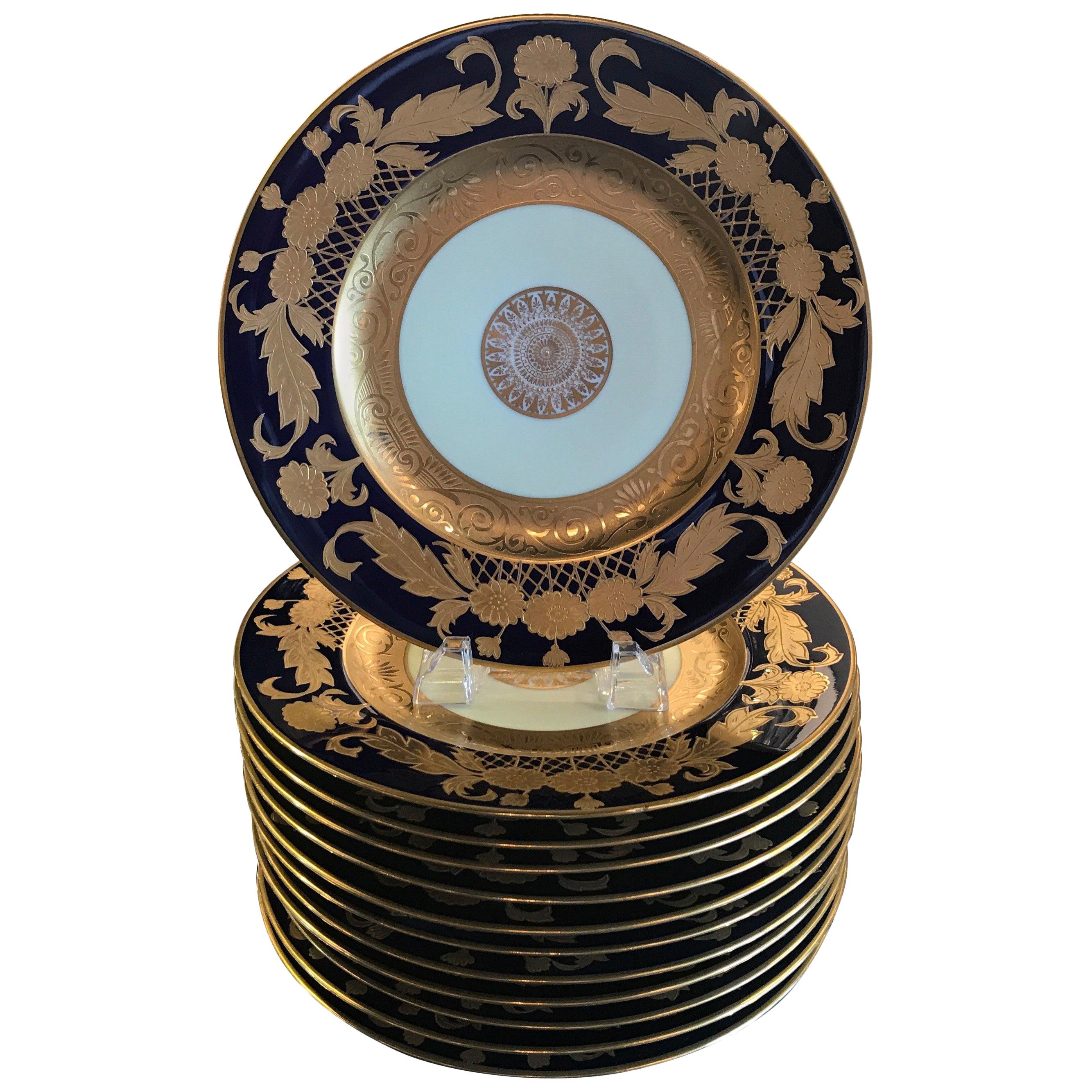 Set of 12 Cobalt and Gilt Service Dinner Plates