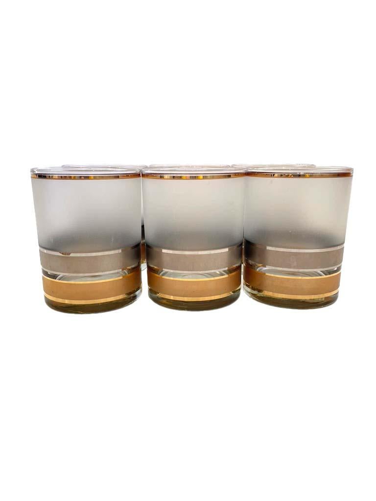 Mid-Century Modern Set of 12 Collins and High Ball Culver Glasses with 22 K Gold, Regency Pattern For Sale
