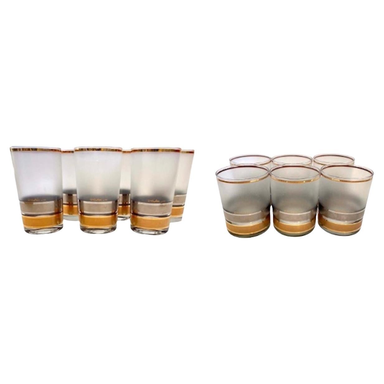 Set of 12 Collins and High Ball Culver Glasses with 22 K Gold