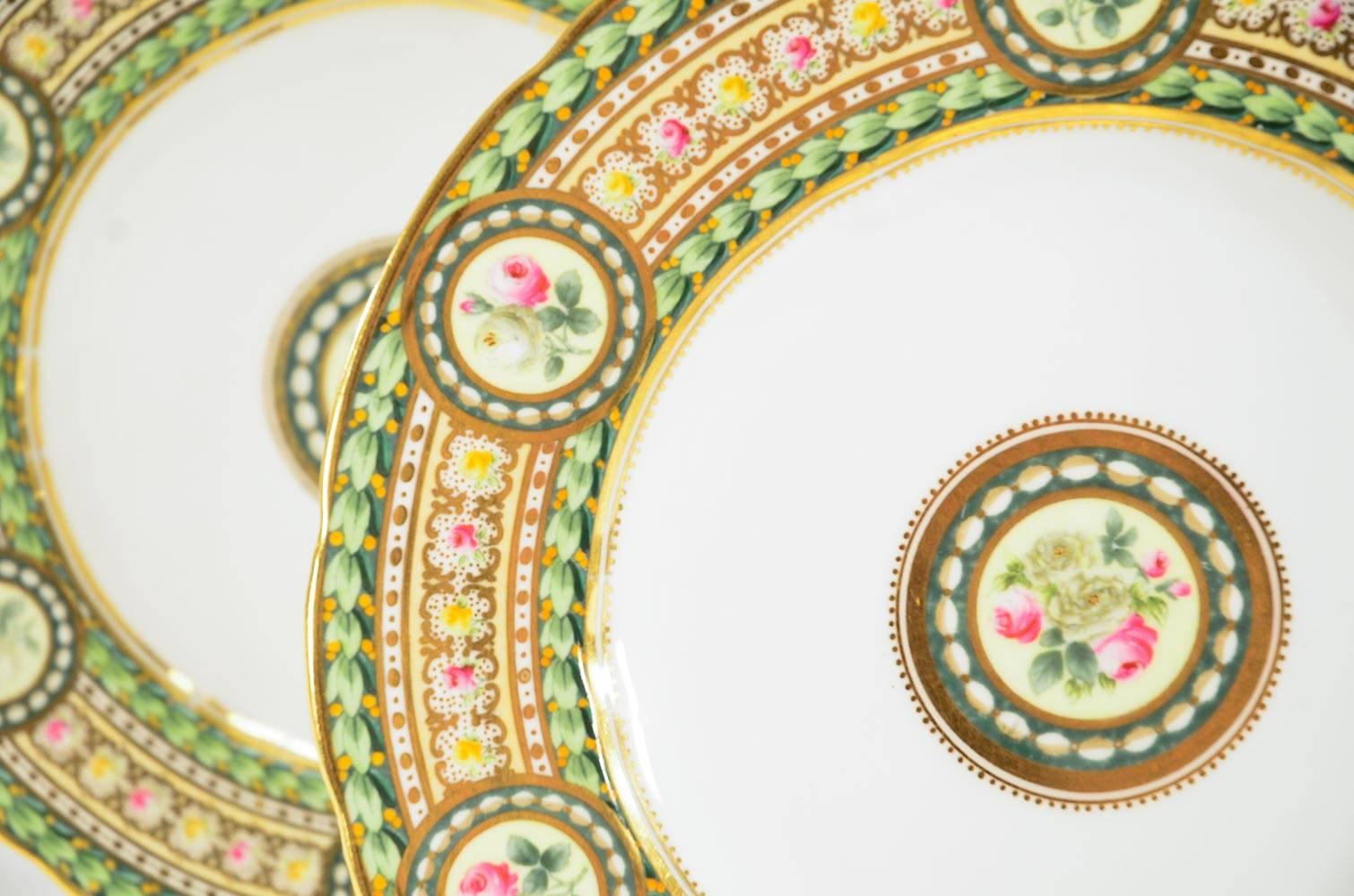 Enameled Set of 12 Copeland's 19th C Hand Painted Dessert Plates w/ Roses & Leaves