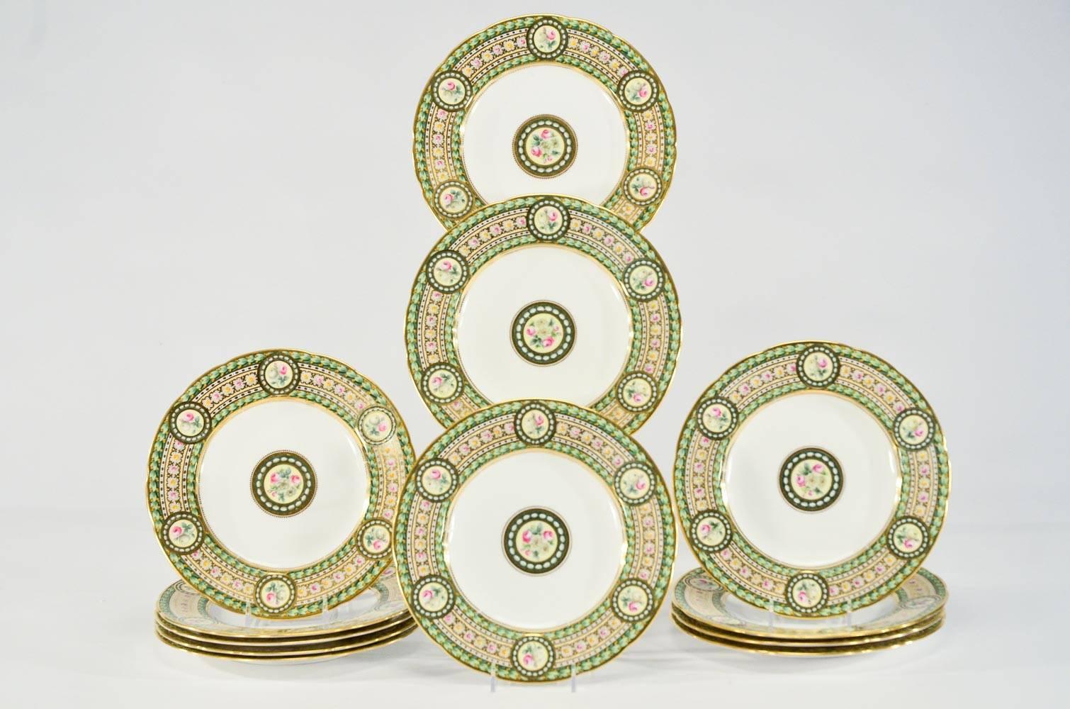 Early 20th Century Set of 12 Copeland's 19th C Hand Painted Dessert Plates w/ Roses & Leaves