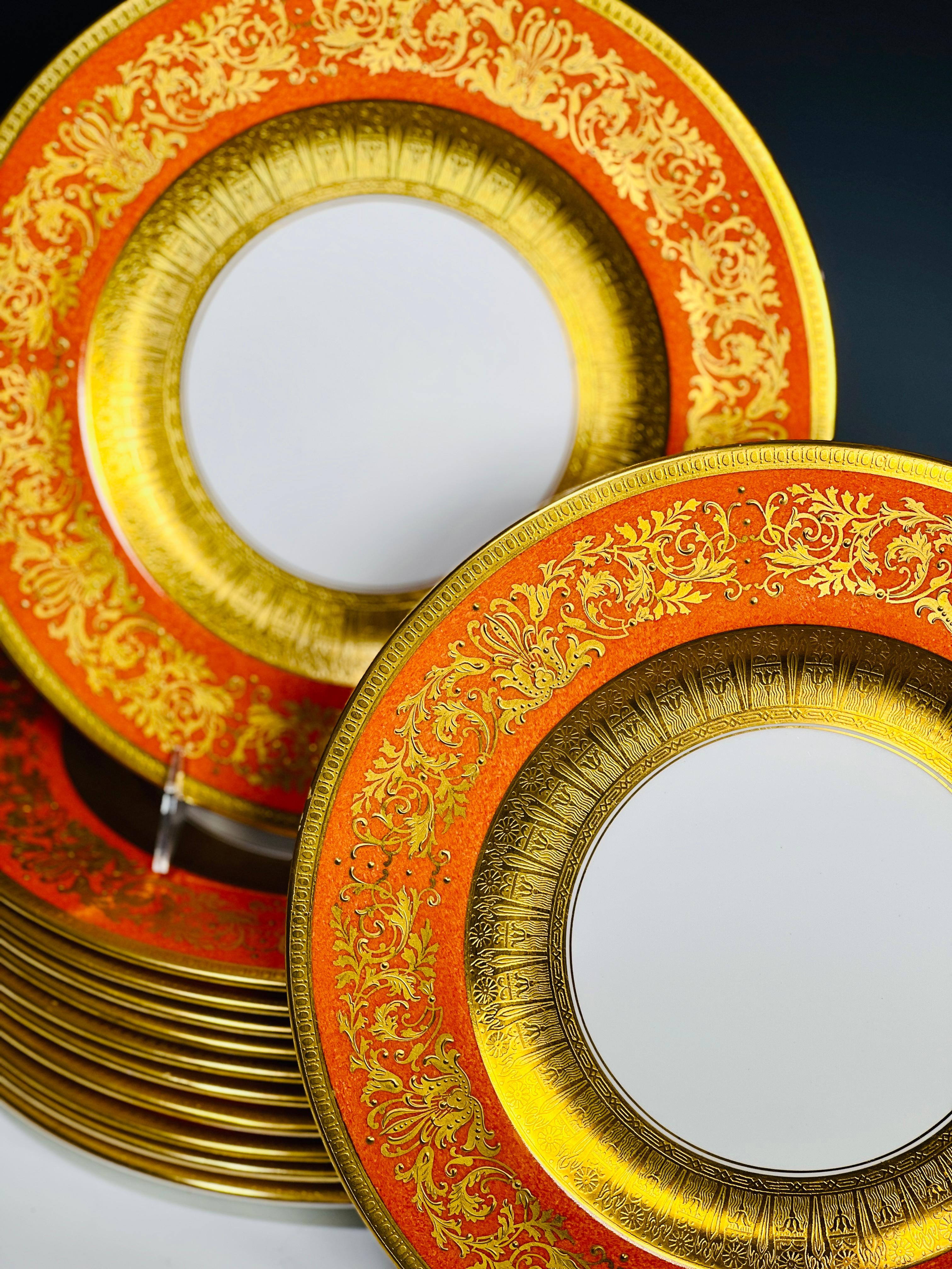 The perfect compliment to your holiday table setting, this elegant set of 12 Service Plates/chargers will bring joy to the family and friends who gather together- now or at any time. Made by Crown Staffordshire ca. 1920's these feature a subtle