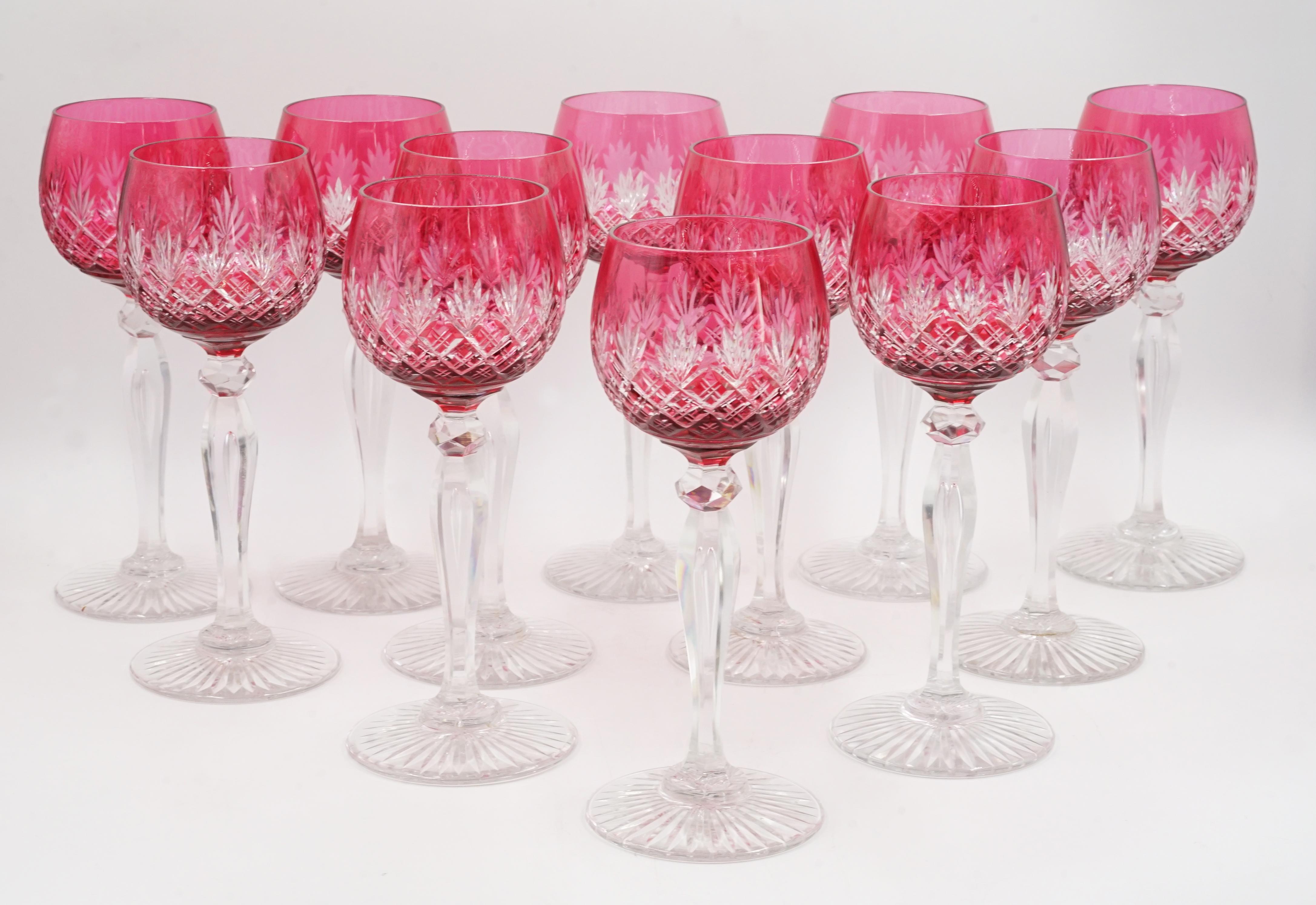 Carved Set of 12 Crystal Wine Glasses For Sale