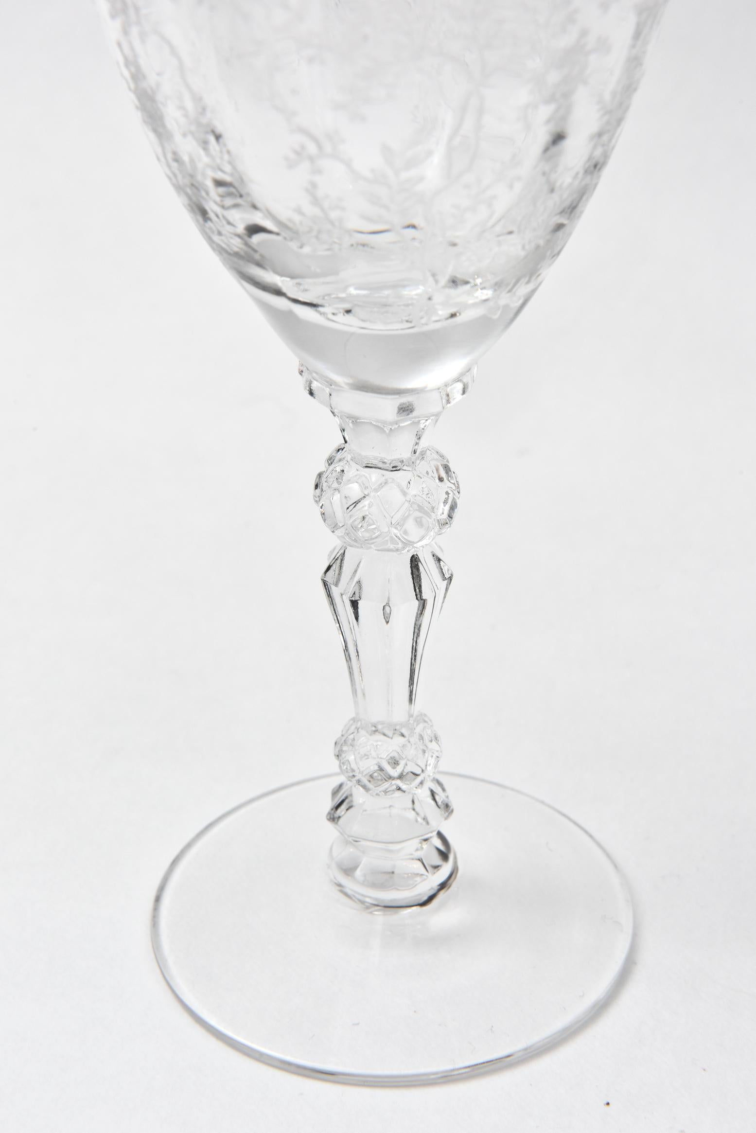 Mid-20th Century Set of 12 Crystal Wine Glasses, Intricate Jeweled Stem Vintage