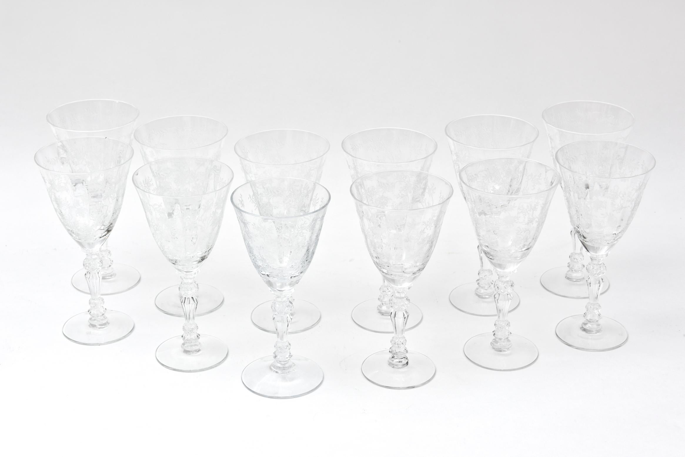 Set of 12 Crystal Wine Glasses, Intricate Jeweled Stem Vintage 1