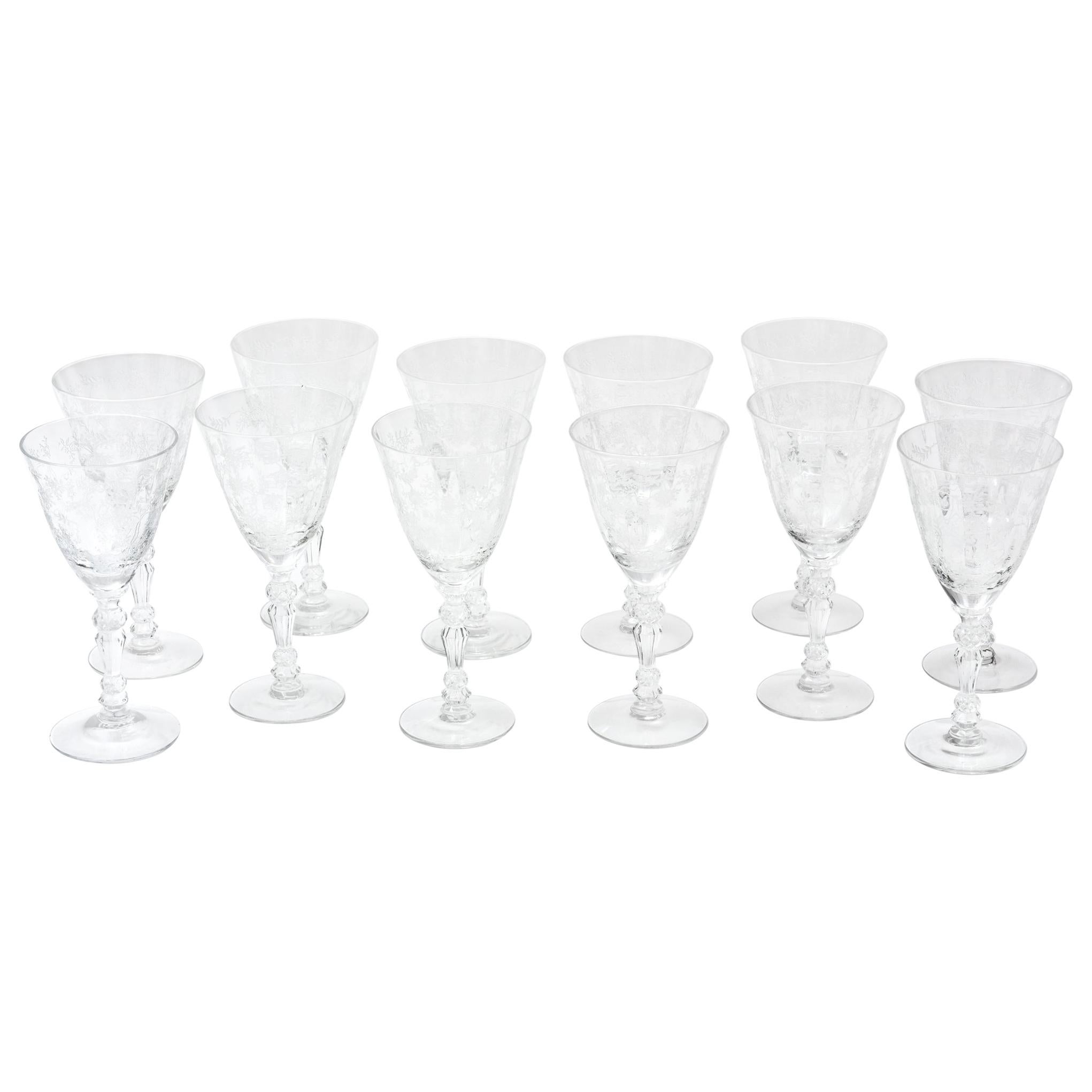 Set of 12 Crystal Wine Glasses, Intricate Jeweled Stem Vintage