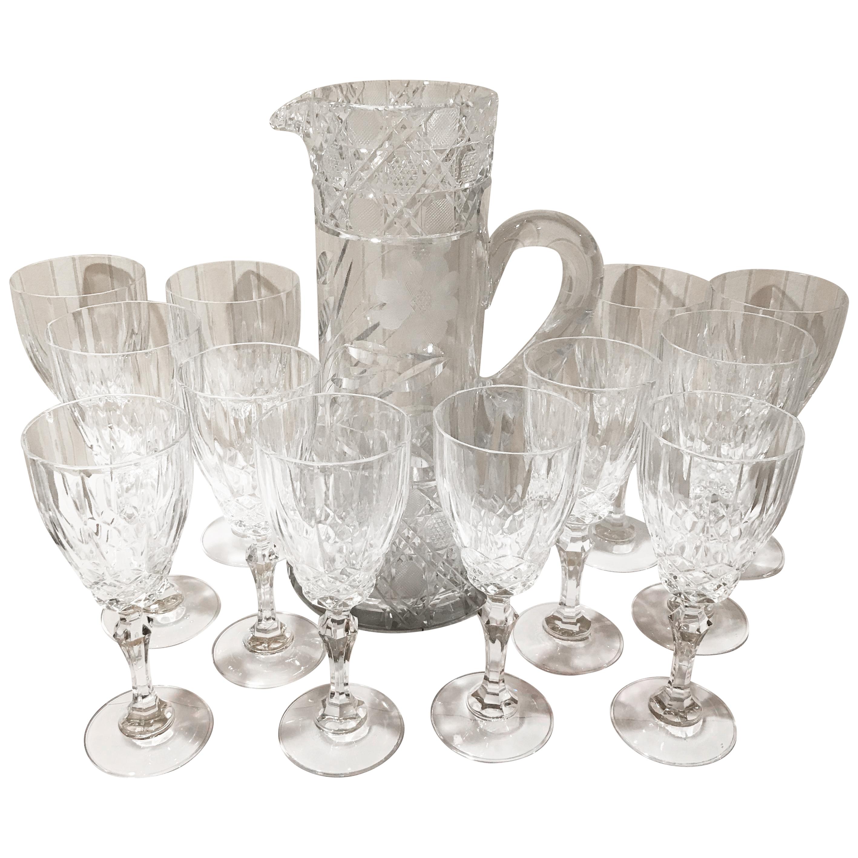 Set of 12 Cut Crystal Wine Glasses and Pitcher, 13 Pieces im Angebot