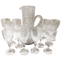 Set of 12 Cut Crystal Wine Glasses and Pitcher, 13 Pieces