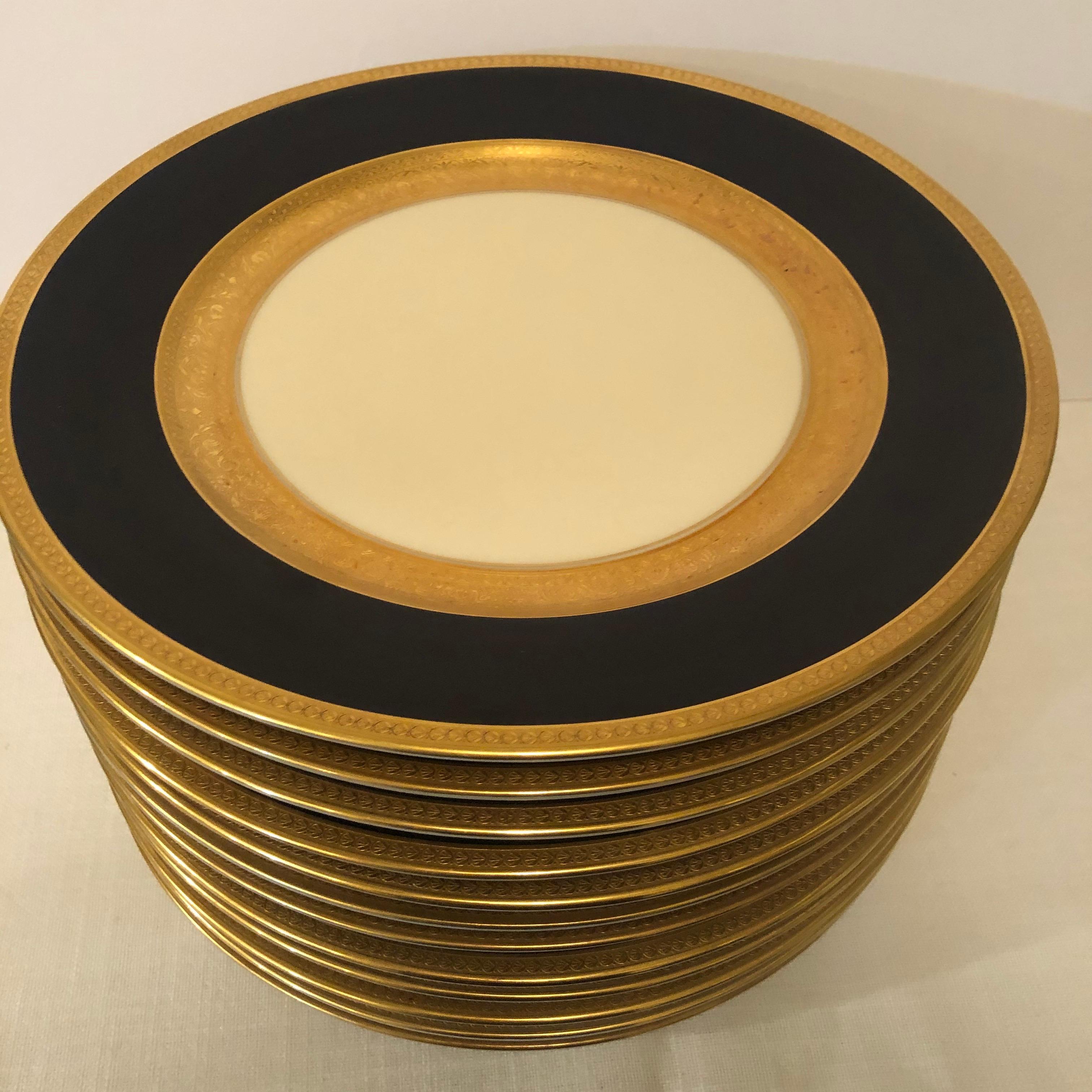 Set of 12 Czechoslovakian Cobalt Dinner Plates with Two Gold Decorated Borders 4