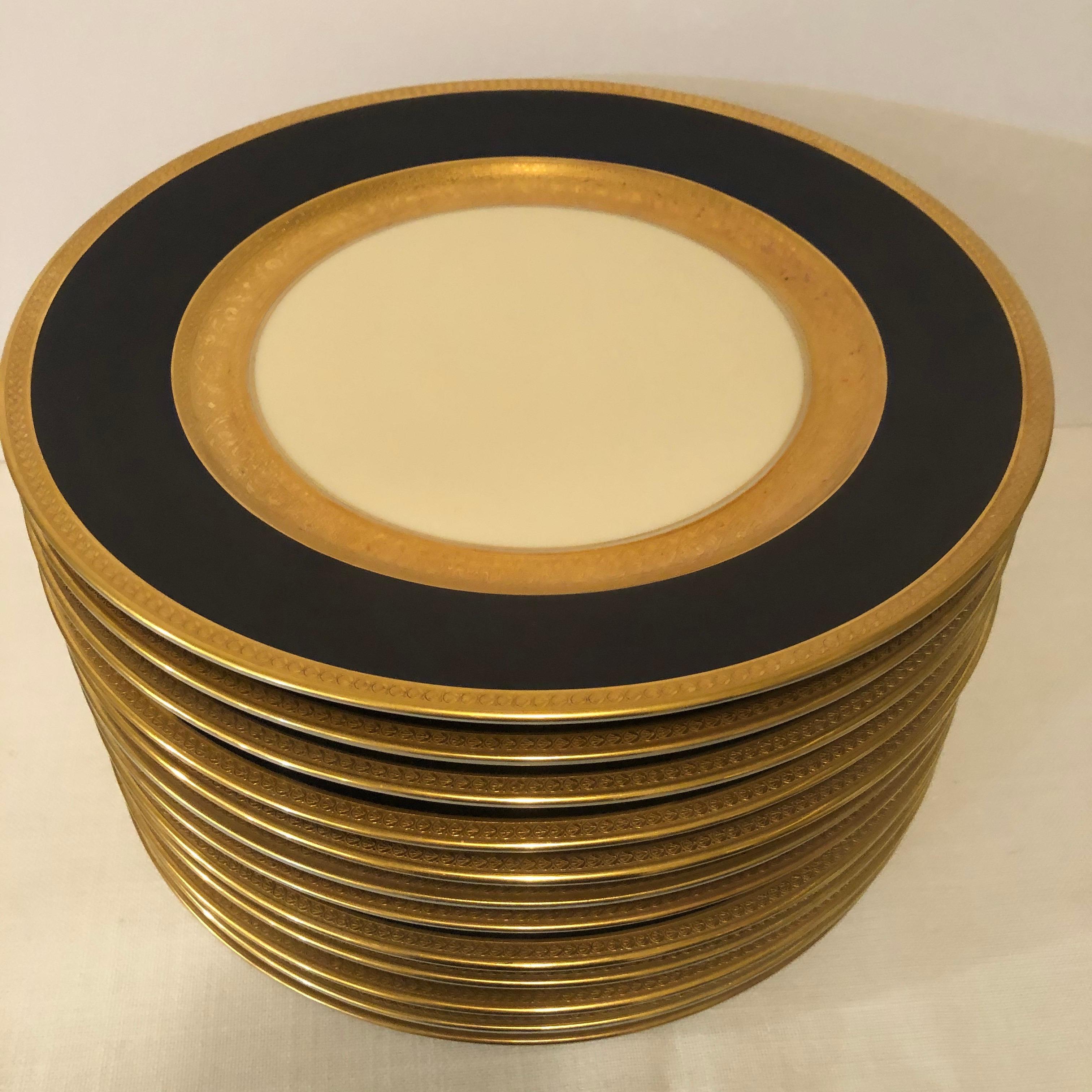 Set of 12 Czechoslovakian Cobalt Dinner Plates with Two Gold Decorated Borders 5