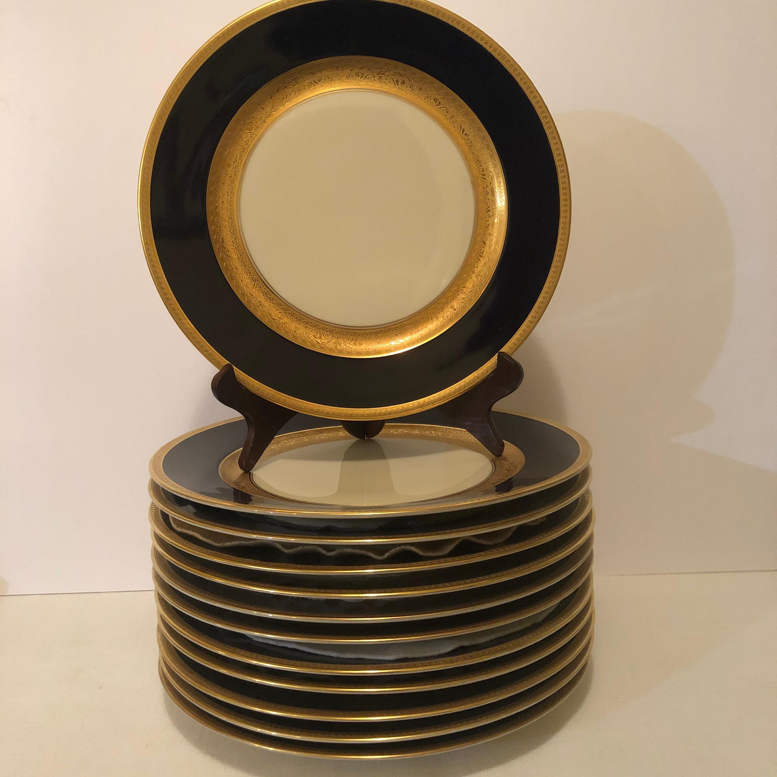 Other Set of 12 Czechoslovakian Cobalt Dinner Plates with Two Gold Decorated Borders