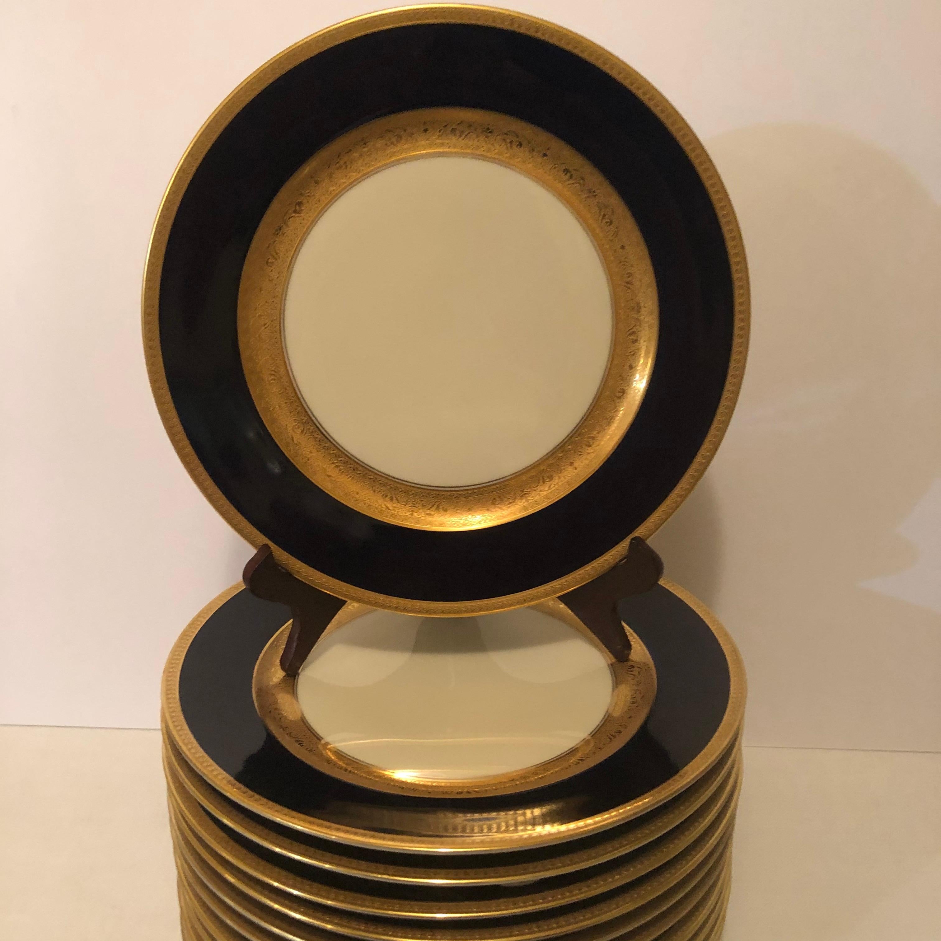Gilt Set of 12 Czechoslovakian Cobalt Dinner Plates with Two Gold Decorated Borders