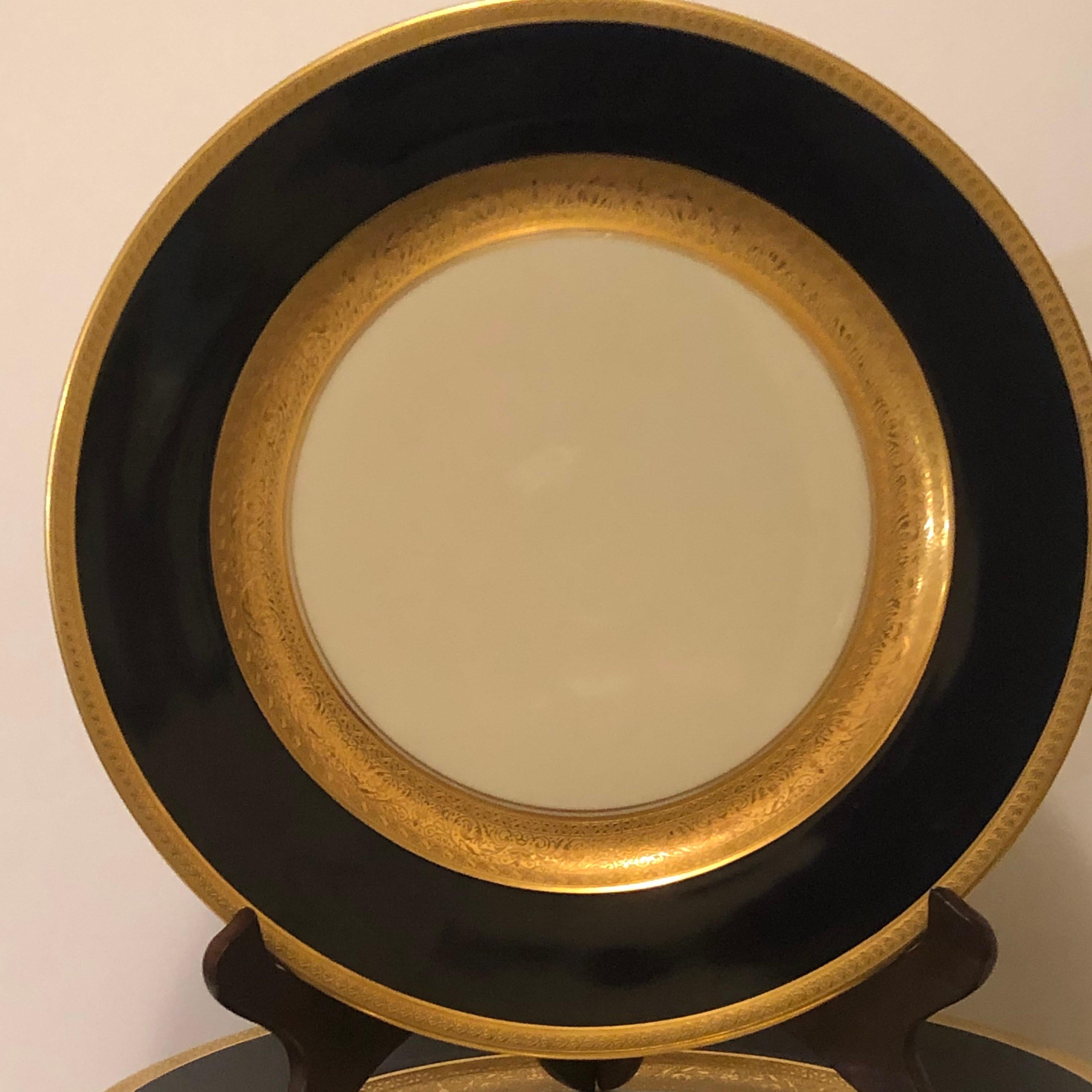 Set of 12 Czechoslovakian Cobalt Dinner Plates with Two Gold Decorated Borders In Good Condition In Boston, MA