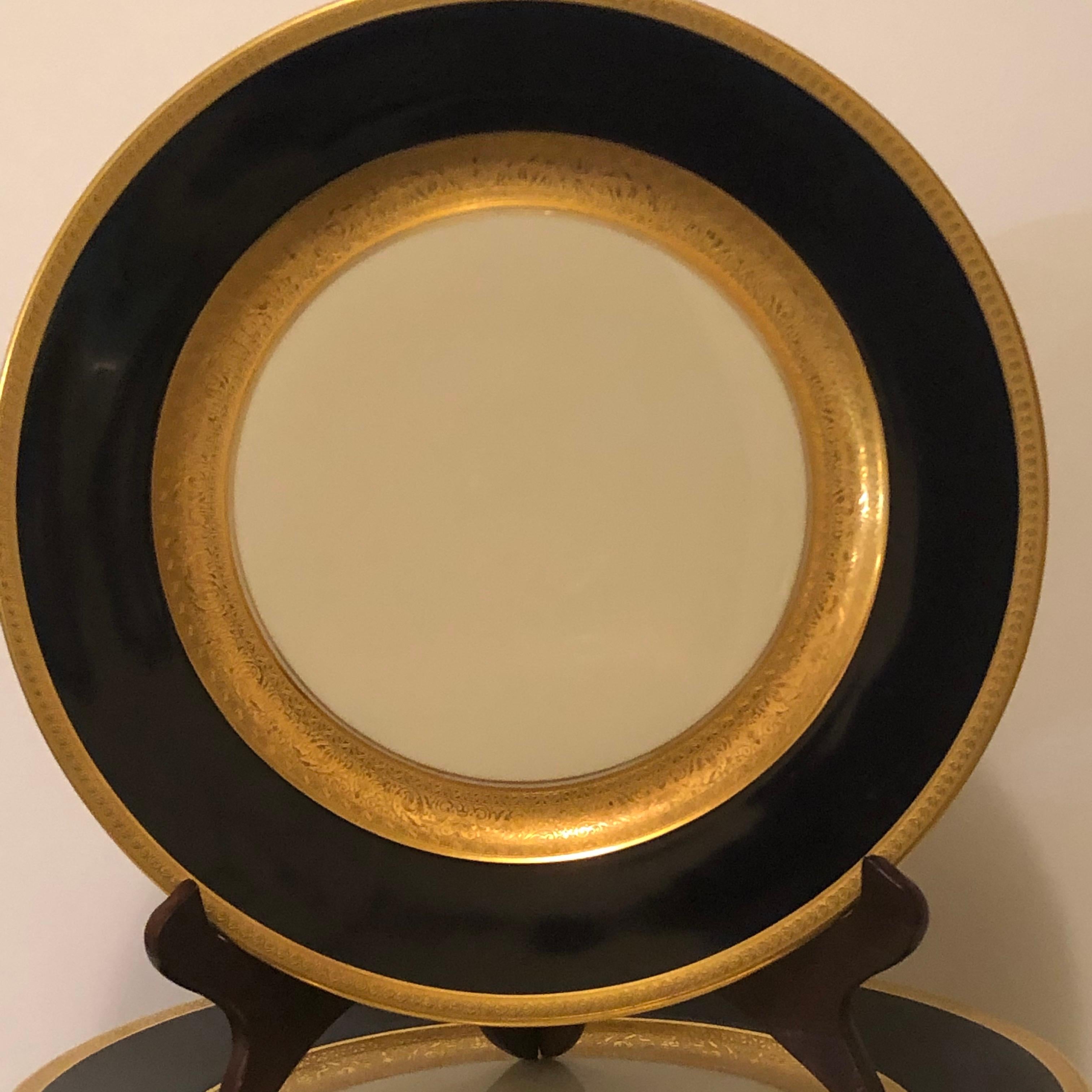 Mid-20th Century Set of 12 Czechoslovakian Cobalt Dinner Plates with Two Gold Decorated Borders